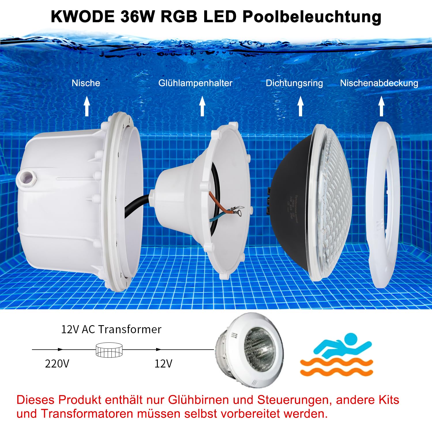 Oświetlenie basenowe LED 36 W, PAR56,12 V RGB, zewnętrzna synchronizacja z pilotem zdalnego sterowania, timer 2/4/6 h, wodoszczelność IP68 (1 szt.)