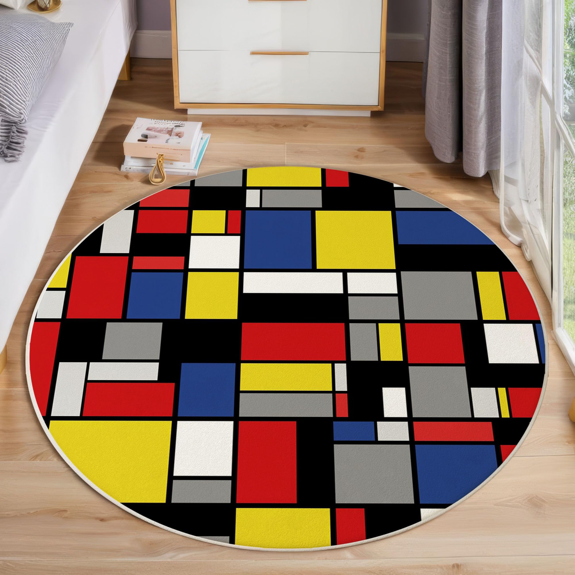 Waschbar Teppich Rund 120cm, rutschfest Dünner Teppich, Gegend Kreis Mehrfarbig Geometrie Raster Farbblock Fußboden Teppiche für Wohnzimmer Schlafzimmer Kinderzimmer
