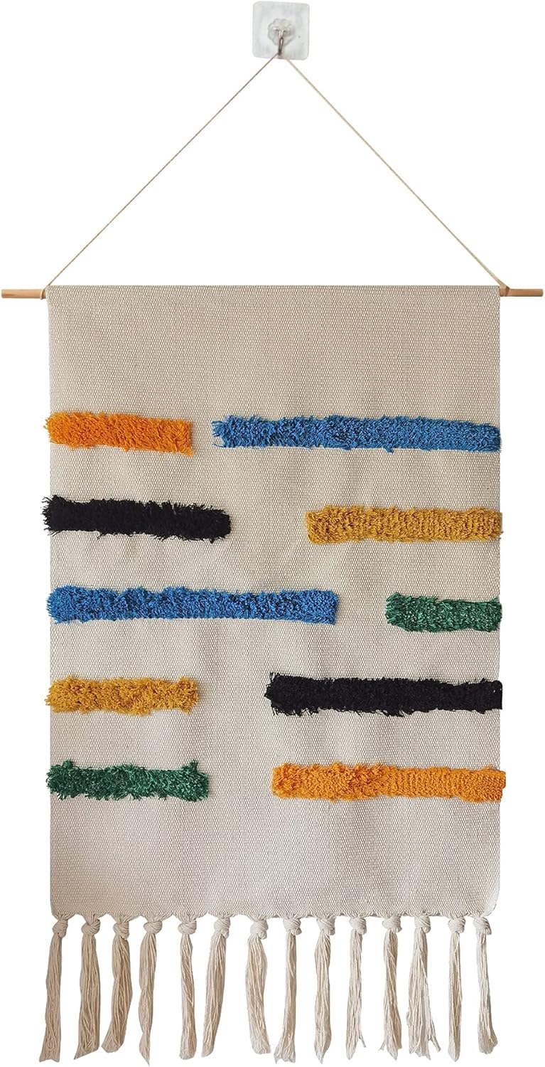 Macrame Woven Wall Tapestry Hanging Art, 20" W x 34" H Extra Large Boho Chic Bohemian Morocco Geometric Tapestries Decor for Apartment Dorm Kids Living Room Bedroom Door Entrance (Colorful Block-003)