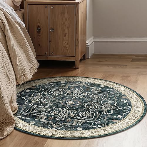 Miniatura 114 de Alfombras Redondas Beige de 4 pies, Alfombra Circular Pequeña Antideslizante Lavable de Pelo Bajo y Fina para Entrada, Cocina, Comedor, Alfombra