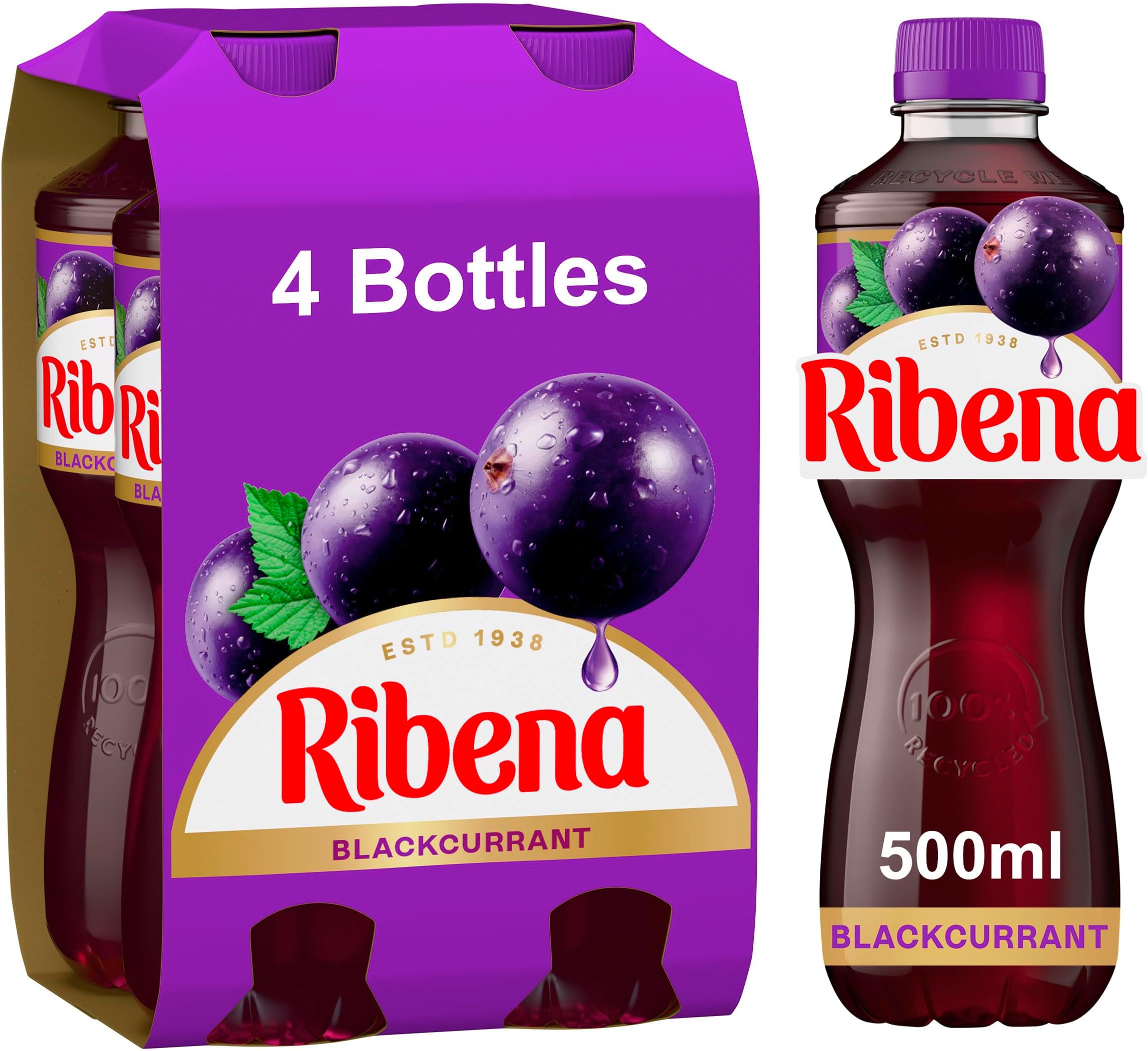 Ribena Blackcurrant Juice Drink 500ml - Multipack of 4 | Real Fruit | Rich In Vitamin C | No Artificial Colours or flavous | Fruity Refreshment | Ready To Drink | 100% Recycled Plastic Bottle