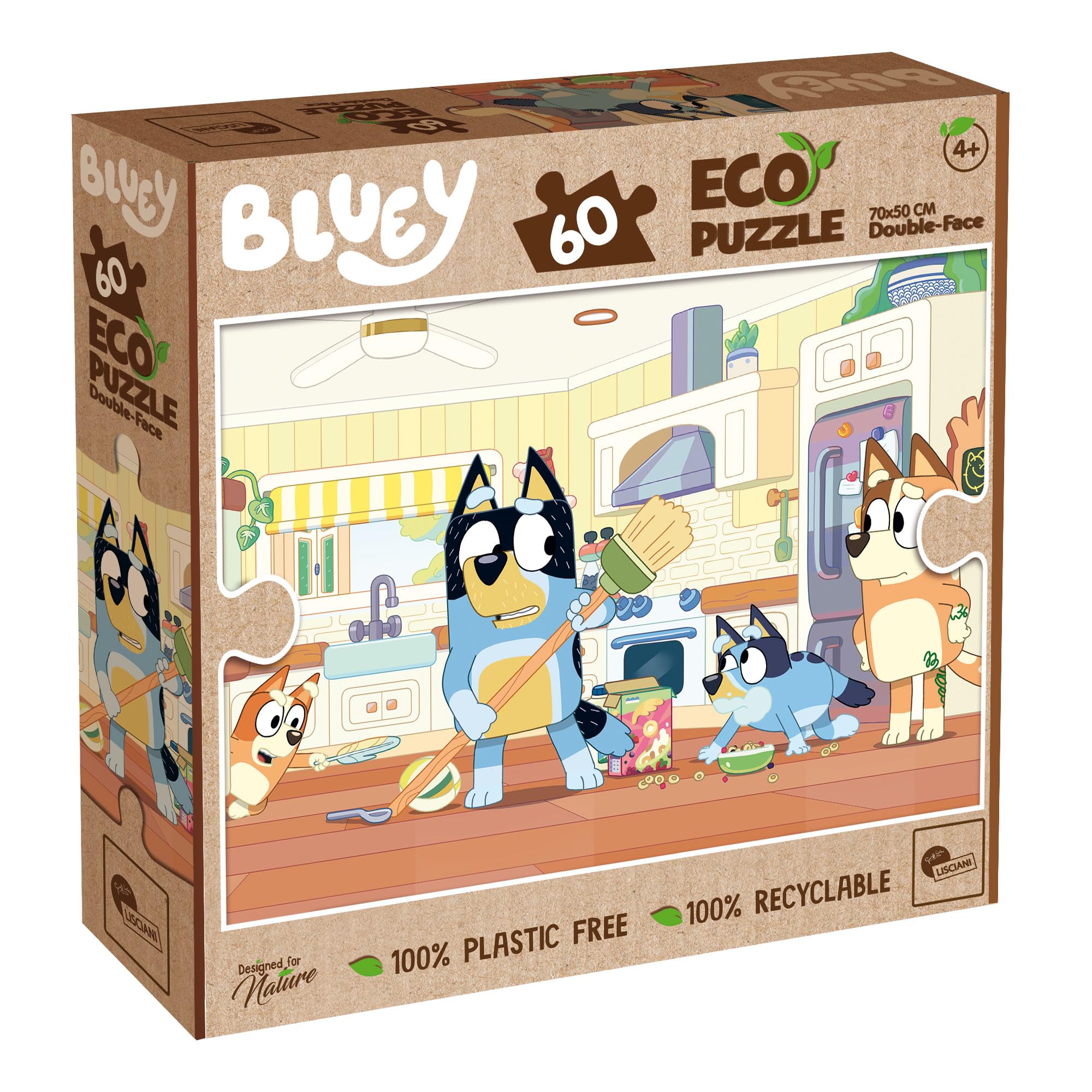 Liscianigiochi - BLUEY - Eco Puzzle - 60 Pieces - For Children from 4 years - 50x70cm - Bluey Puzzle with Double Colour Plate - 100% Recyclable Puzzle, Plastic Free - FSC Certified