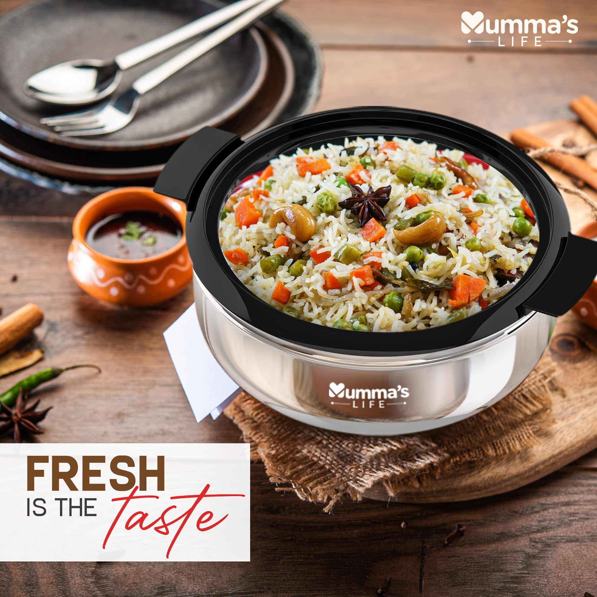 Stainless Steel Thermoware Casserole with Glass Lid| Hot Pot Roti Box with Lid Set of 3 (4500 X 3Pcs) 4