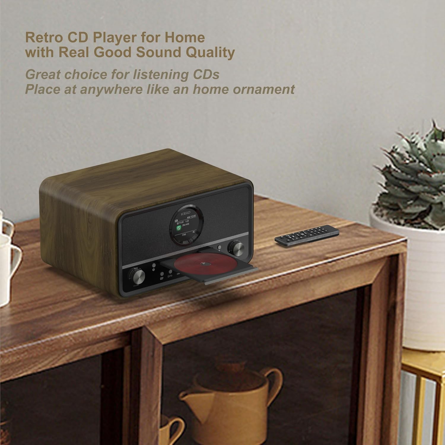 KEiiD Compact Radio CD Player with Speakers for Home, Retro Look Art-Deco Bluetooth Stereo Shelf System, LED Display with Dual Alarm Clocks, USB Playback, AUX, Headphone Output - Image 4