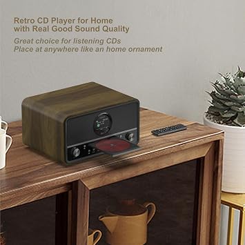 KEiiD Compact Radio CD Player with Speakers for Home, Retro Look Art-Deco Bluetooth Stereo Shelf System, LED Display with Dual Alarm Clocks, USB Playback, AUX, Headphone Output