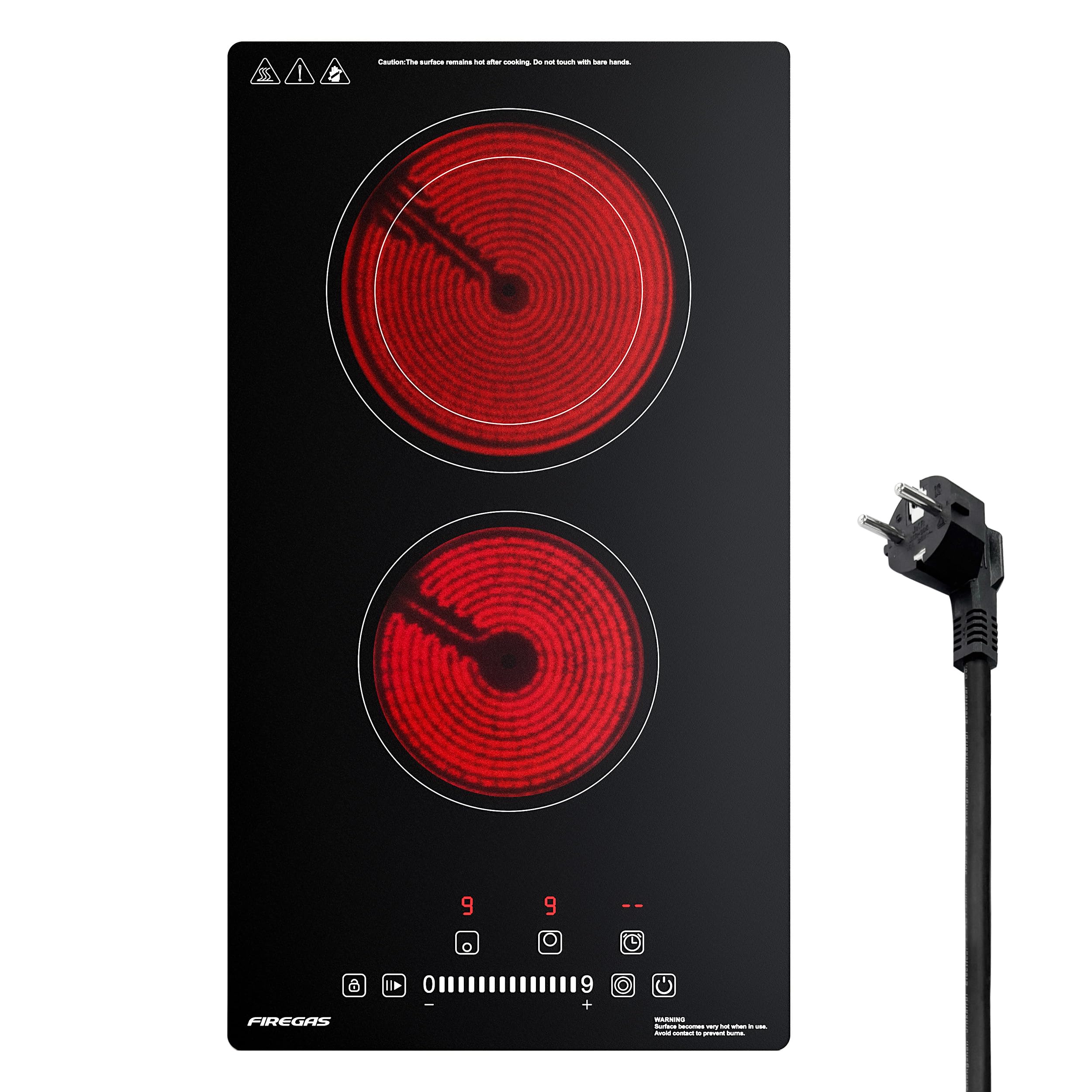 FIREGAS Placa de vitrocerámica 2 fuegos – 3400W, 9 niveles de potencia, control táctil, cronómetro, placa de cocción eléctrica 29 cm