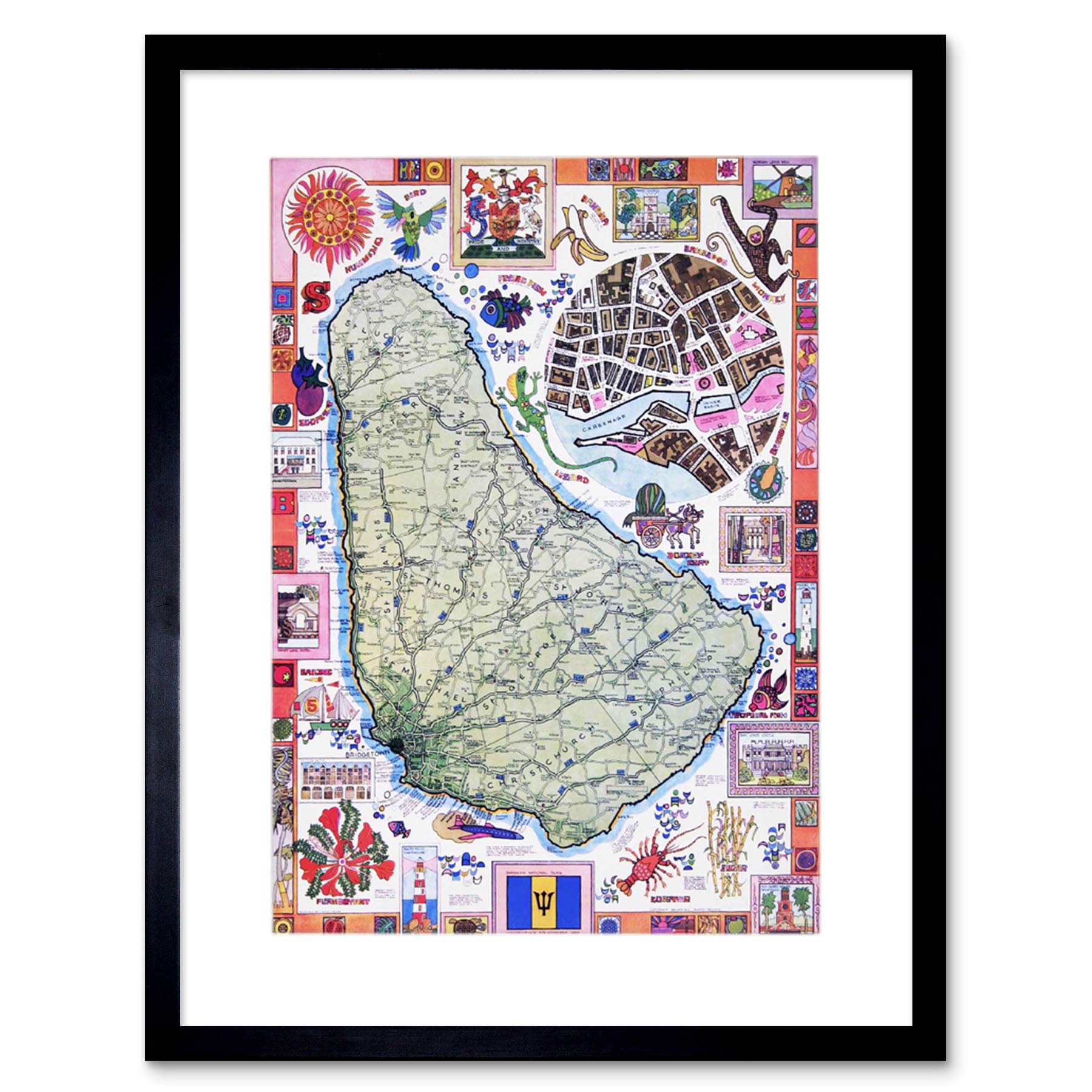 Wee Blue Coo Travel Barbados Caribbean Tropical Map Ad Picture Framed Wall Art Print