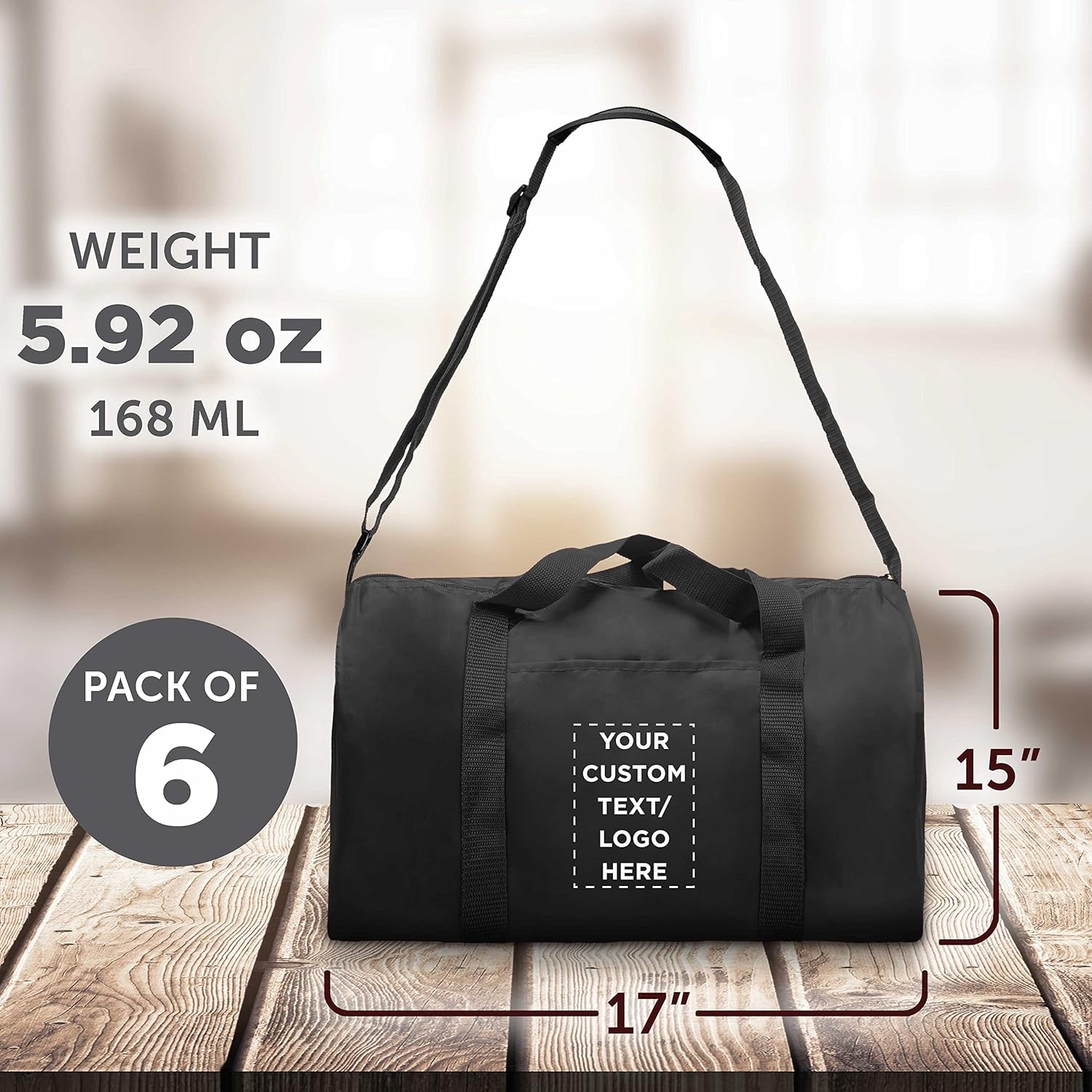 6 Sporty Duffle Bags Set - Customizable Text, Logo - Polyester, Adjustable Strap, Front Pocket, Roll Styling - Black