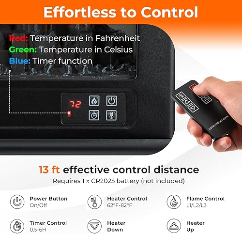 Miniatura 5 de GOFLAME Estufa eléctrica de chimenea de 23 pulgadas, calentador de chimenea independiente con efecto de llama regulable de 3 niveles y temporizador