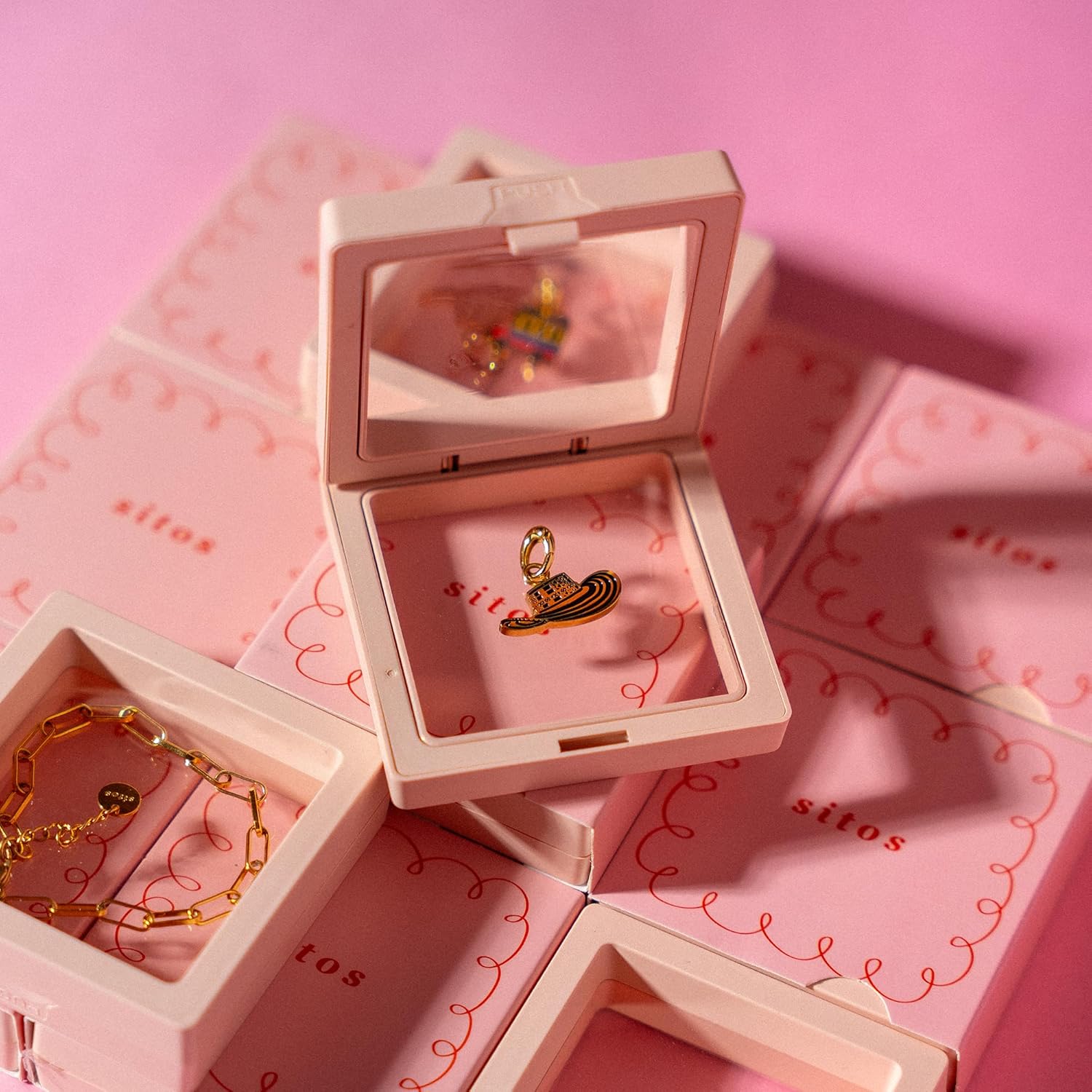 SITOS Colombia Charm Collection Box | Mix-and-Match Charms & Bases | Stainless Steel 18K Gold Plated | 5 Charms + Necklace + Bracelet + 12mm Hoops (Gold, Gift box)