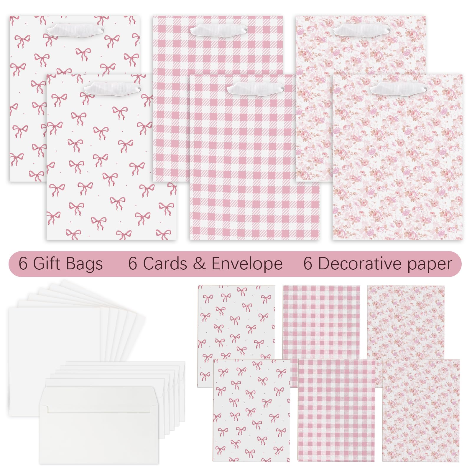 Coquette Charm Pink Bow Gift Bags Set of 6 - Medium Sized 9" Bags with Handles incl. Matching Tissue Paper, Cards in Pink for Girl- Reusable & For Presents of Any Birthday, Weddings，Bridal Shower