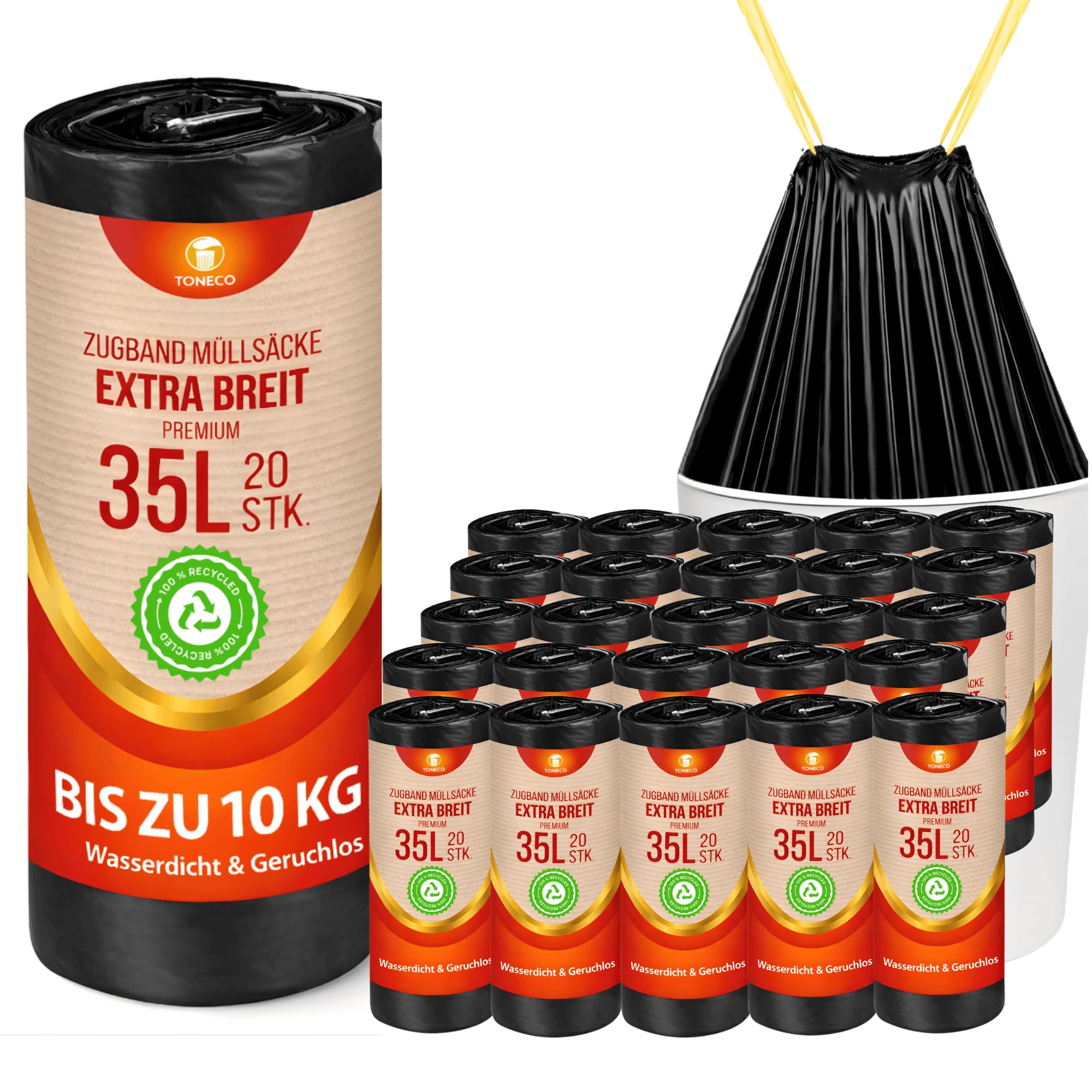 ZUGBAND MÜLLBEUTEL 35L - 500 Beutel - EXTRA BREIT - 100% recycelt - reißfest und wasserdicht (30/35L - 25 Rollen = 500 Beutel)