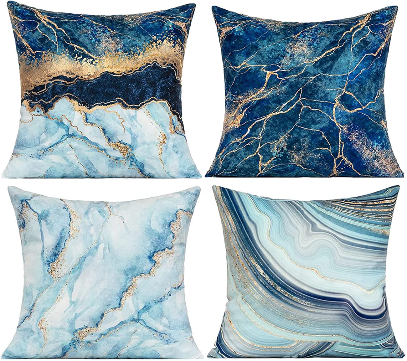 Geliking Sofa Cushion Covers 18x18 Inches Polyester Throw Pillow Case Navy Blue Gold Velvet Marble Cushion Covers Replacement for Home Decor 45cm x 45cm