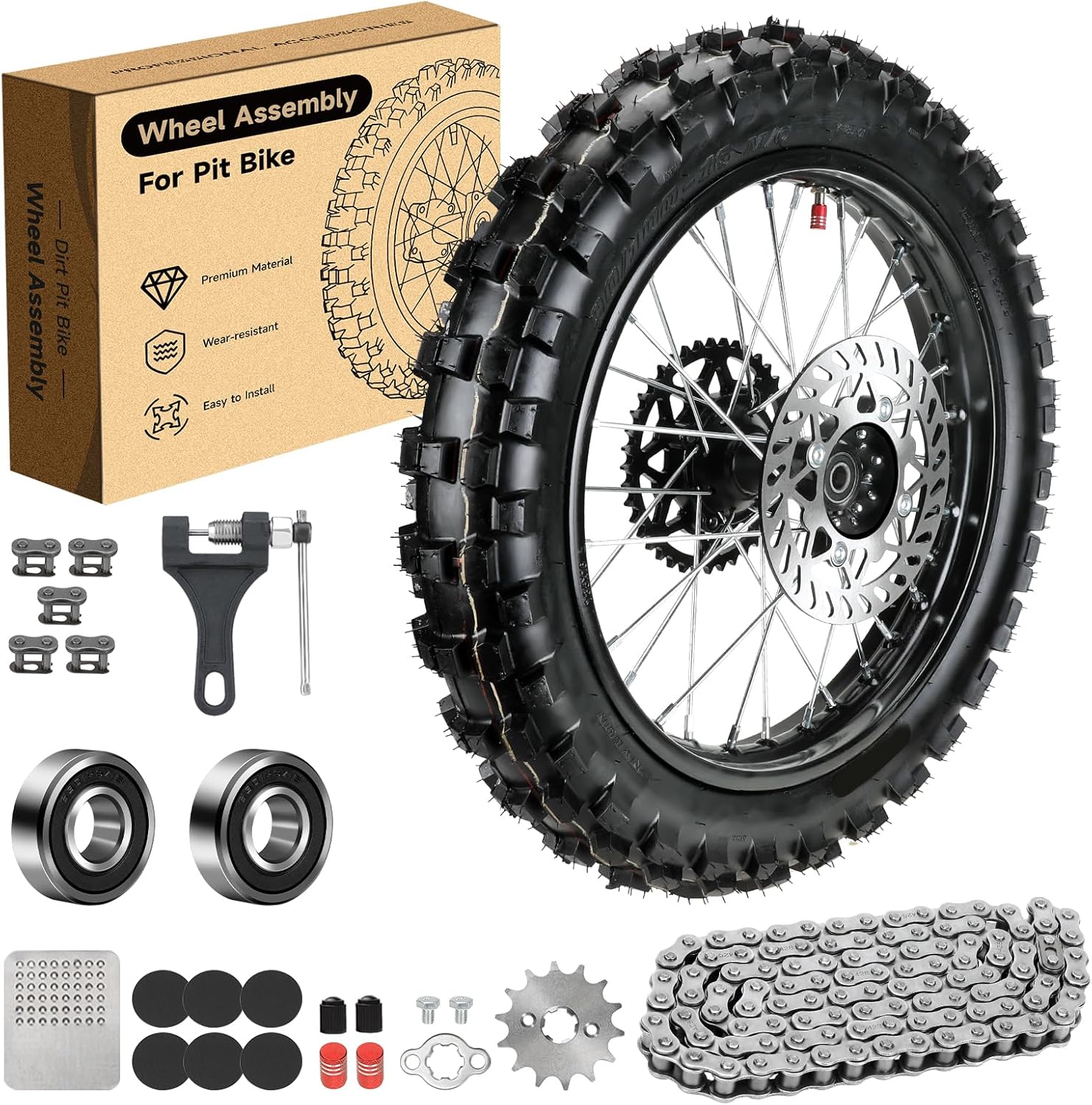 Photo 1 of 16'' Wheel 90/100-16 3.00-16 Dirt Bike Rear Tire Assembly for 125cc 140cc 150cc XR100 CRF150F KX100 KLX140 DRZ125 TTR125LE Baja DR125 DR150 Pit Bike Parts with Brake Rotor 428 Chain Sprocket