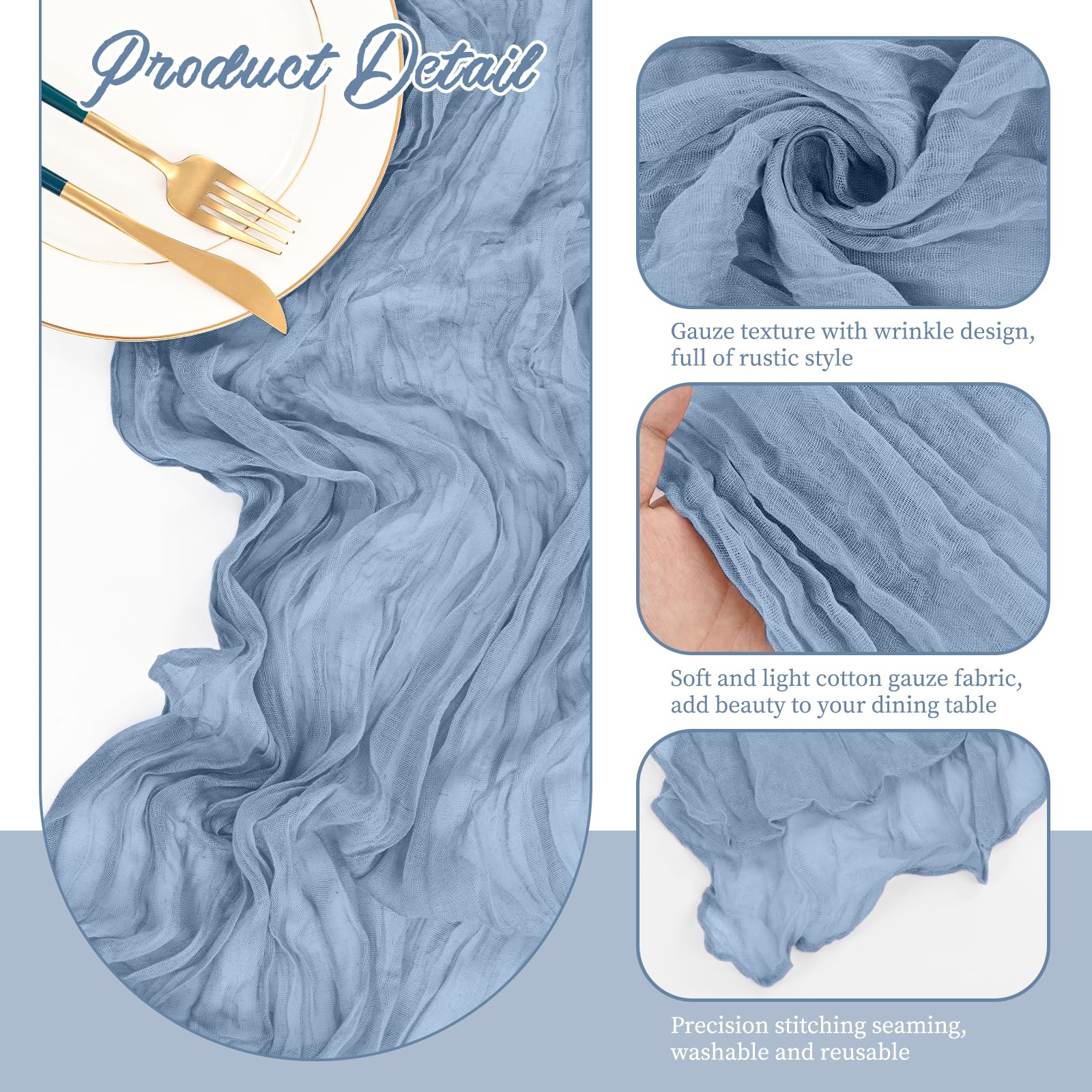 16 Pack Dusty Blue Cheesecloth Table Runner ,10ft Long Rustic Gauze Boho Table Runners for Wedding,Bridal Shower,Party,Banquet Decoration-21.5 x 120 Inch - Image 3
