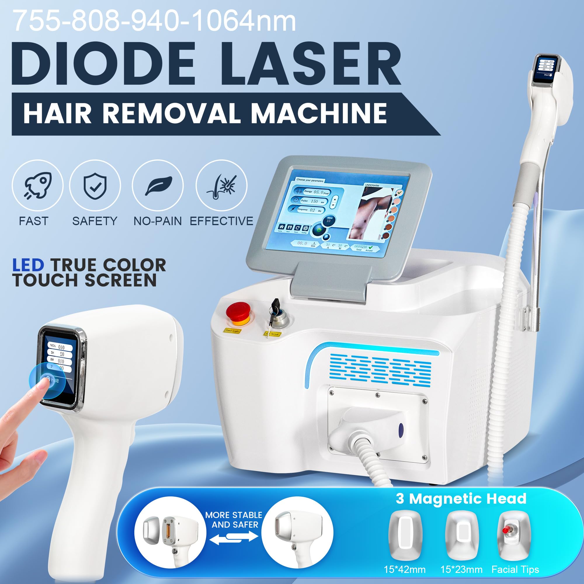 10 barre Macchina per Depilazione Laser Diodo 808nm Touchscreen LCD | 755nm/808nm/940nm/1064nm Sistema di raffreddamento avanzato Epilazione indolore su tutto il corpo