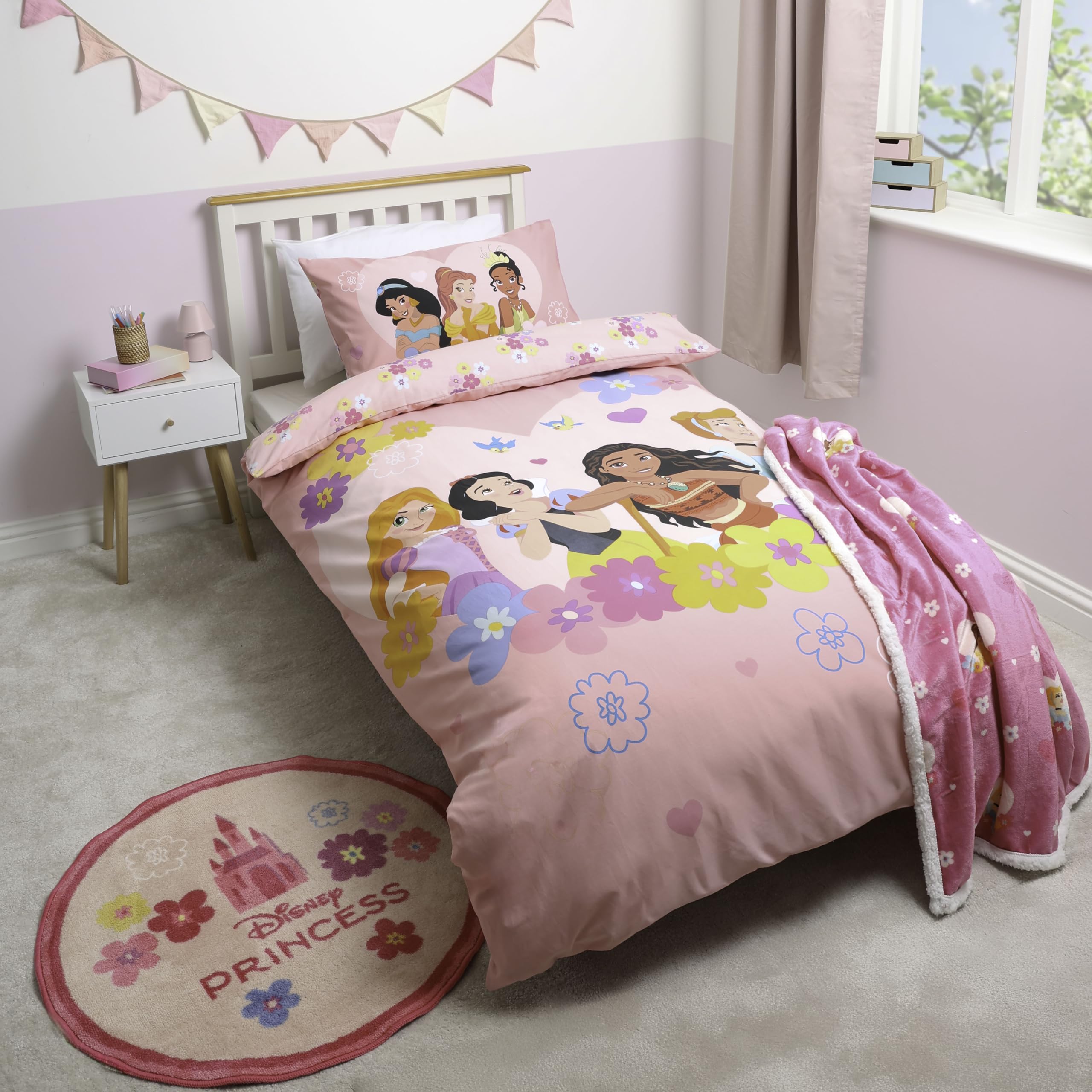 Disney Juego de Funda nórdica Individual con Licencia Oficial Princess | Diseño «Flower Power», Ropa de Cama Reversible por Ambos Lados Que Incluye Funda de Almohada a Juego