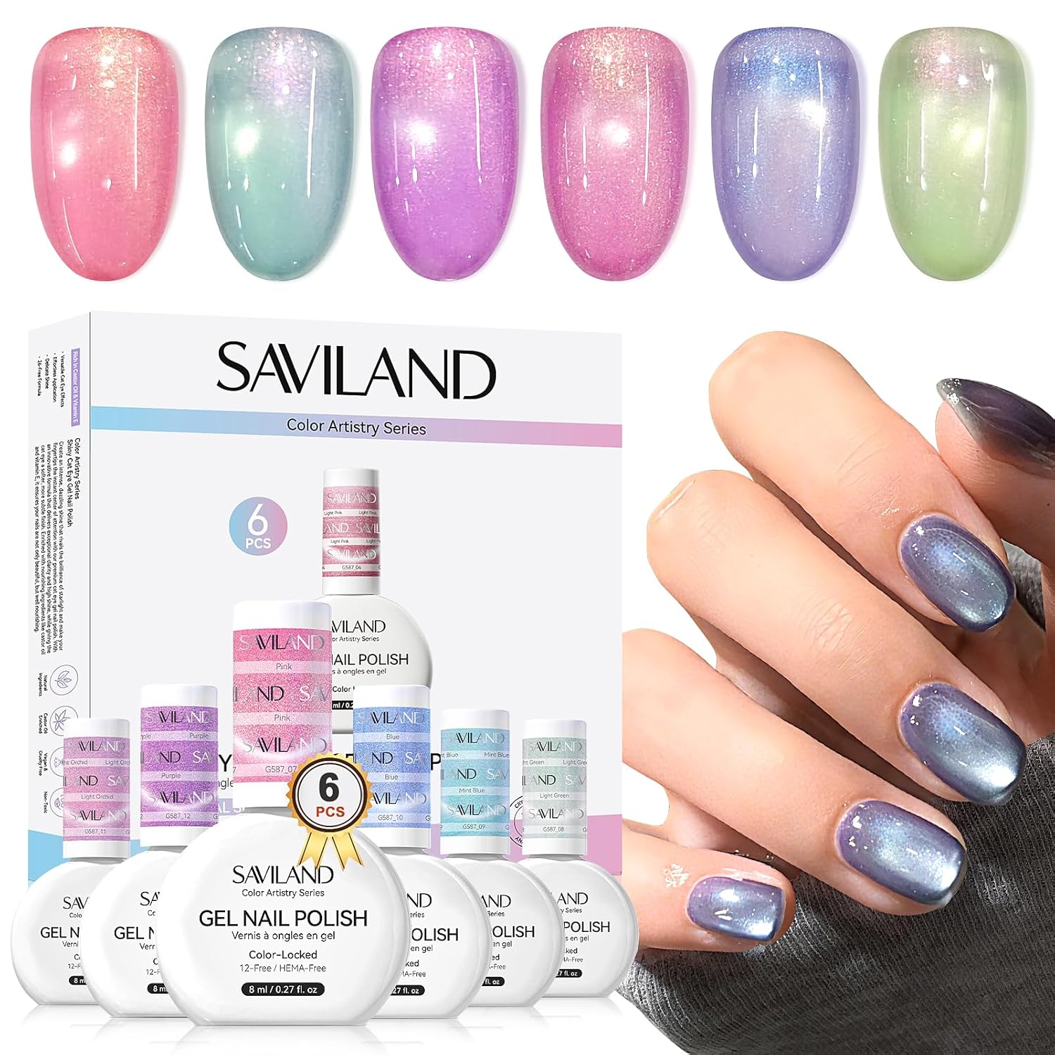 SAVILAND Color Artistry Cat Eye Gel Nail Polish: 6 Colors Crystal Shiny Magnetic Gel Nail Aurora Pink Blue Purple Shimmer Cateye Nail Polish Set Magnet Stick DIY Gifts for Women Magnet Manicure Art