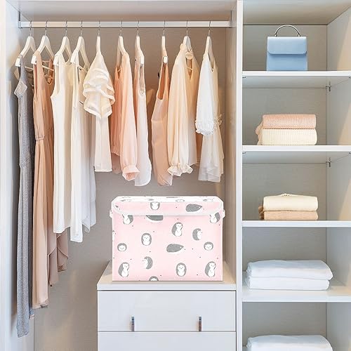 Miniatura 6 de Ollabaky Lindos erizos sonrientes rosados, contenedor de almacenamiento plegable con tapa, caja de almacenamiento, cubos grandes, canastas