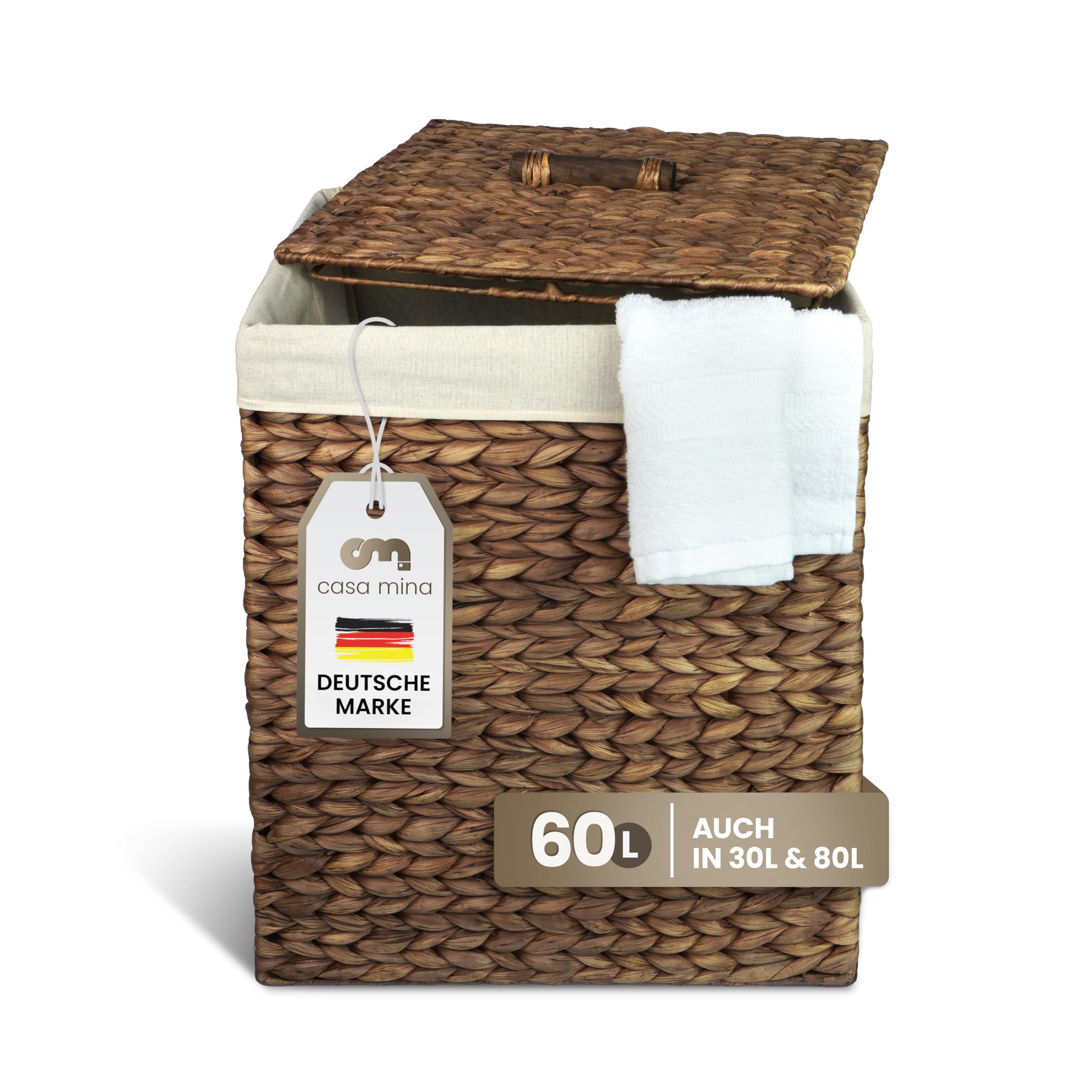 Casa Mina® Wäschekorb mit Deckel 39 x 30 x 50cm hoch I Atmungsaktiver Wäschekorb geflochten aus 100% Naturfaser I Robuster Wäschesammler mit Griffen & waschbarem Innensack I Wäschekörbe - Busan