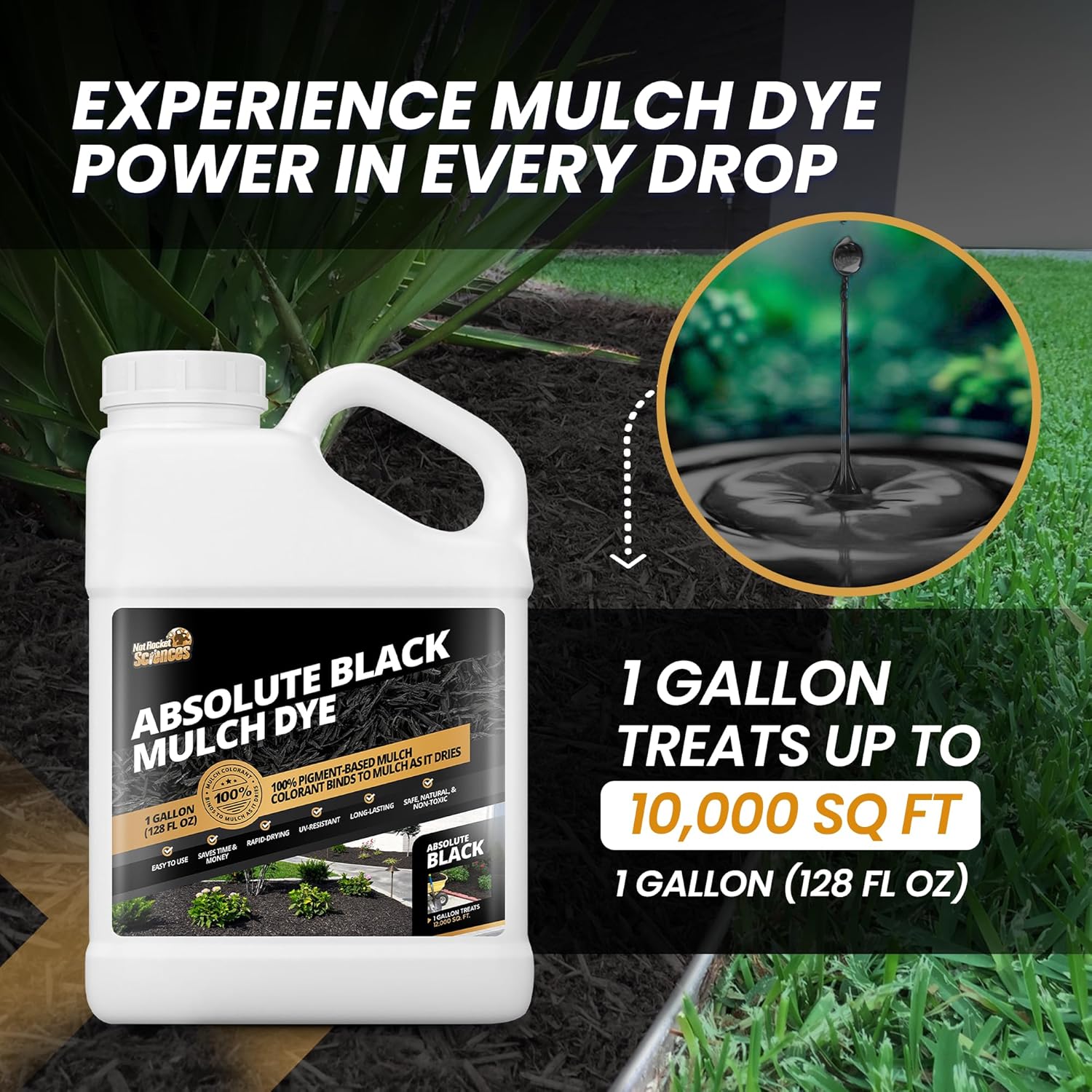 1 Gallon Absolute Black Mulch Dye - Covers up to 10,000 sq. ft., Liquid Mulch Dye Black, Premium Color, Ideal for Landscaping, Renews Faded Rubber or Wood Chips, Binds as it Dries