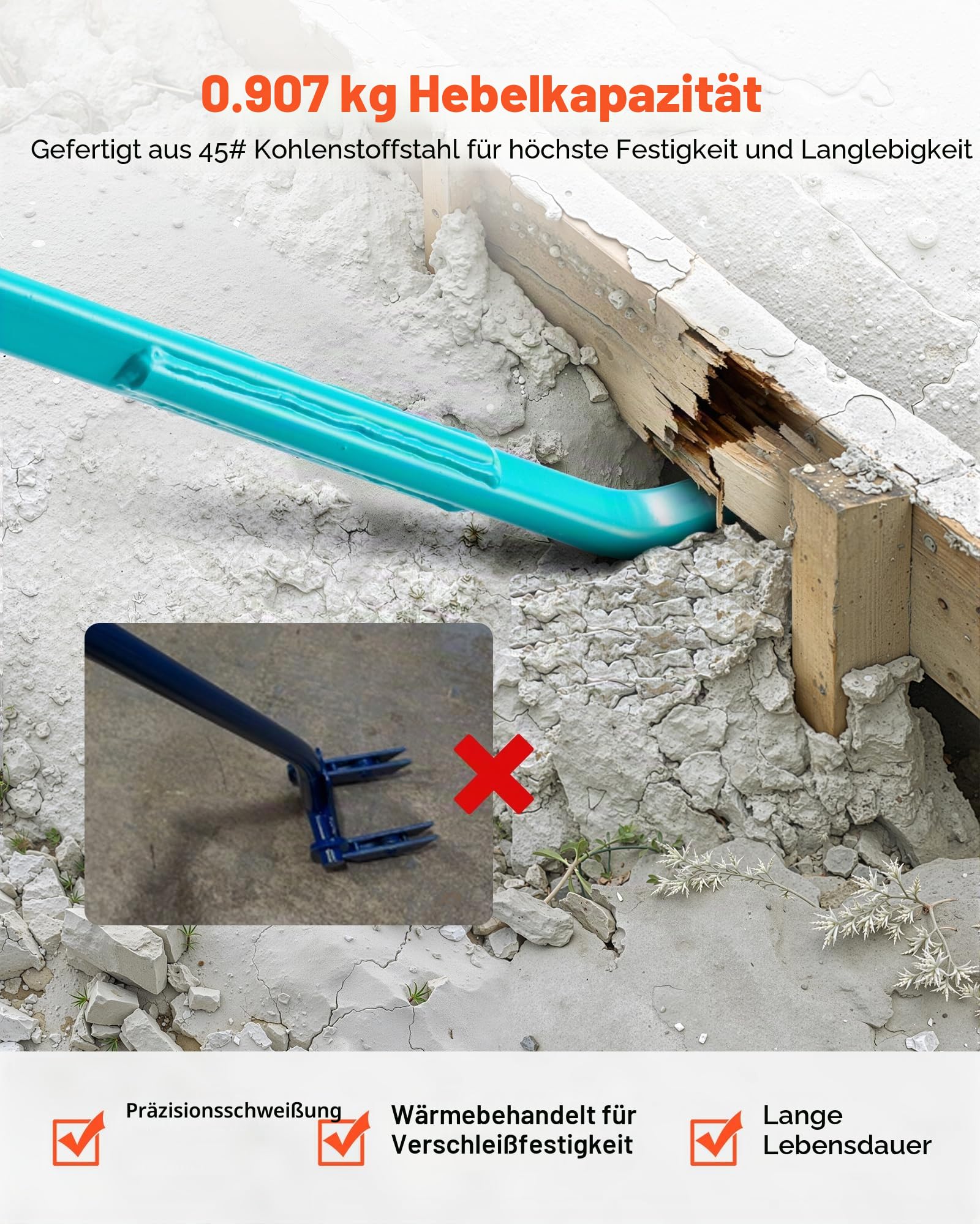 VEVOR Brecheisen, ca. 907 kg Tragkraft, 1422,4 mm Gesamtlänge, Stahl, Nageleisen für Abbrucharbeiten, Beton & Brechen, ideal für den Einsatz im Bauwesen & in der Industrie, mit optimaler Hebelwirkung