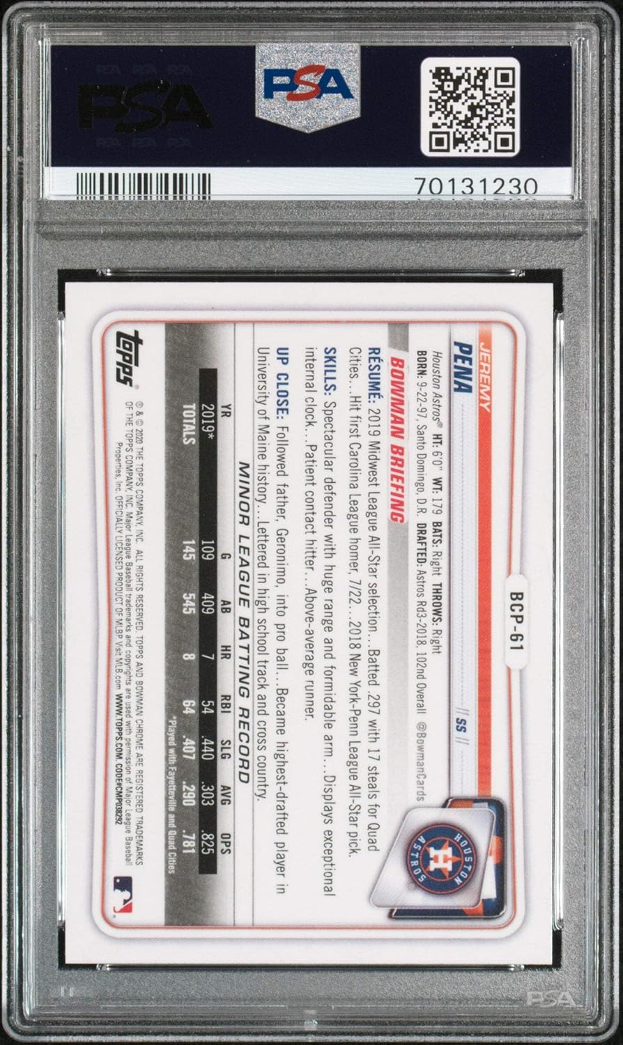 Graded 2020 Topps Bowman Chrome Jeremy Pena #BCP61 Prospects Rookie RC Baseball Card PSA 10 Gem Mint