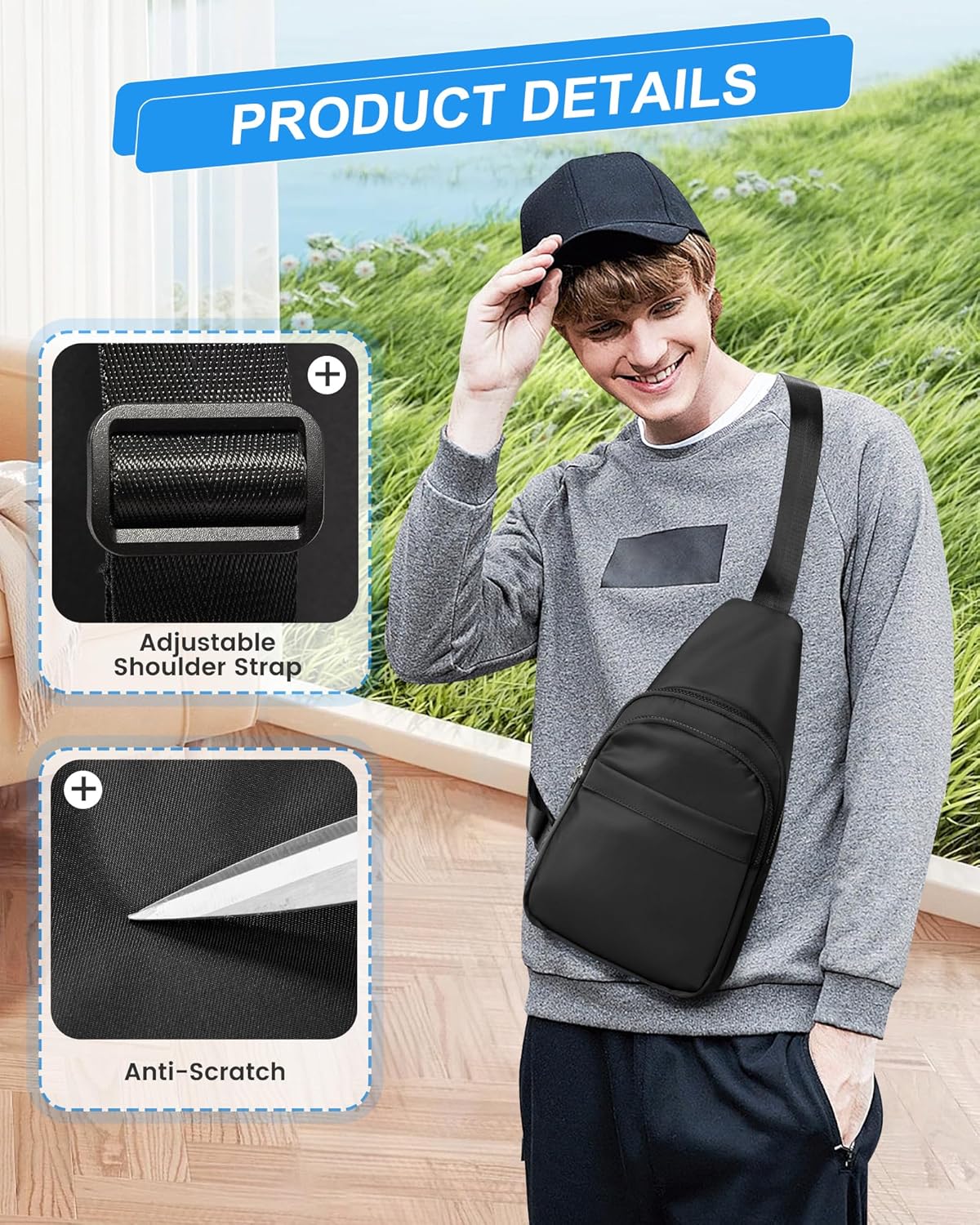 SEAFEW Large Black Sling Crossbody Bag for Men Women, Shoulder Daypack Anti-Theft Cross Body Motorcycle Chest Bags, One Strap Fanny Back Pack for Casual Travel Hiking Sport Gym - Image 4