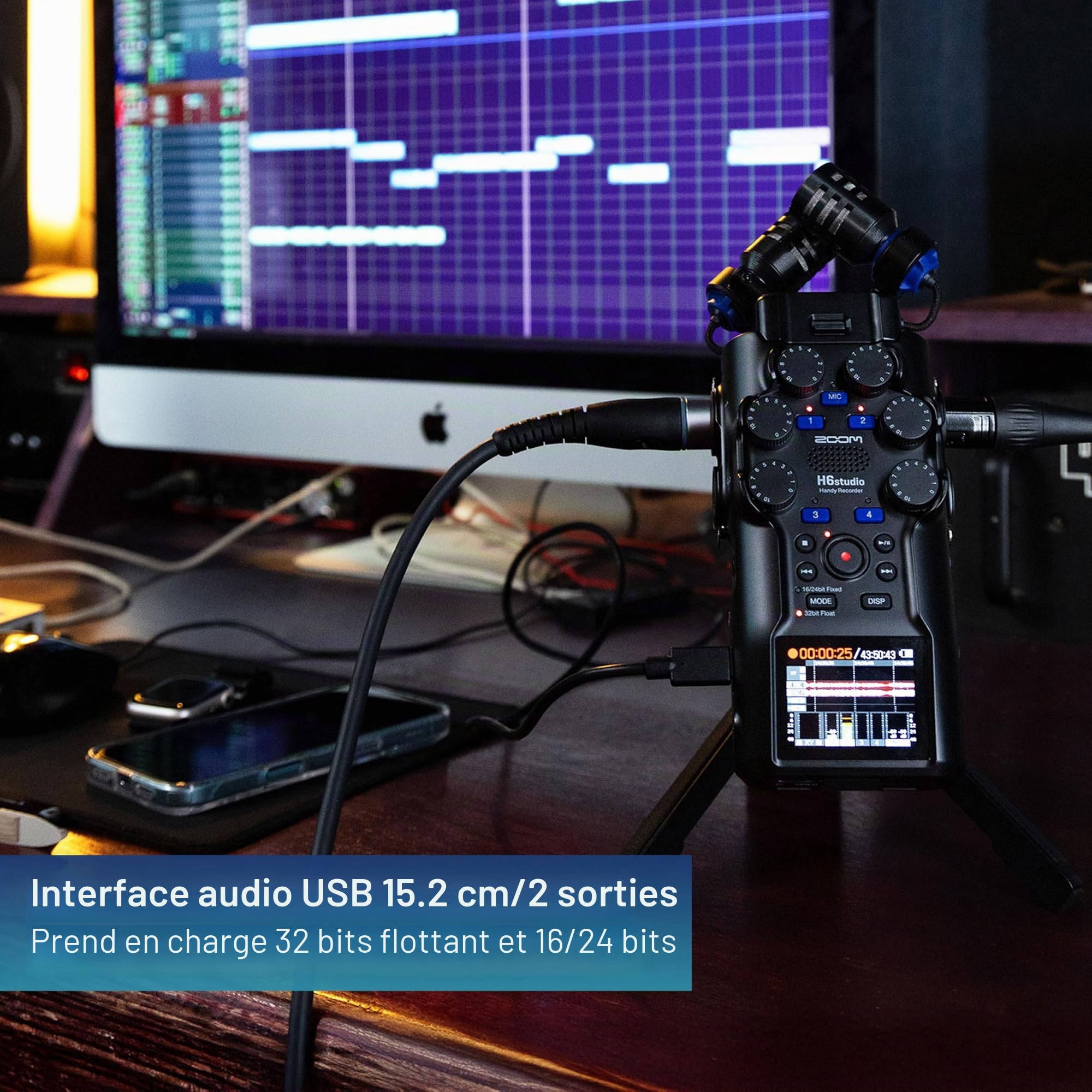 Zoom - H6Studio enregistreur 6 pistes 32 bits à virgule flottante 192 kHz avec mode 16/24 bits, gain, limiteurs, capsule XYH-5e, compatible SSH-6e-EXH-6e, mode interface audio Mac, Pc, iOS, Android