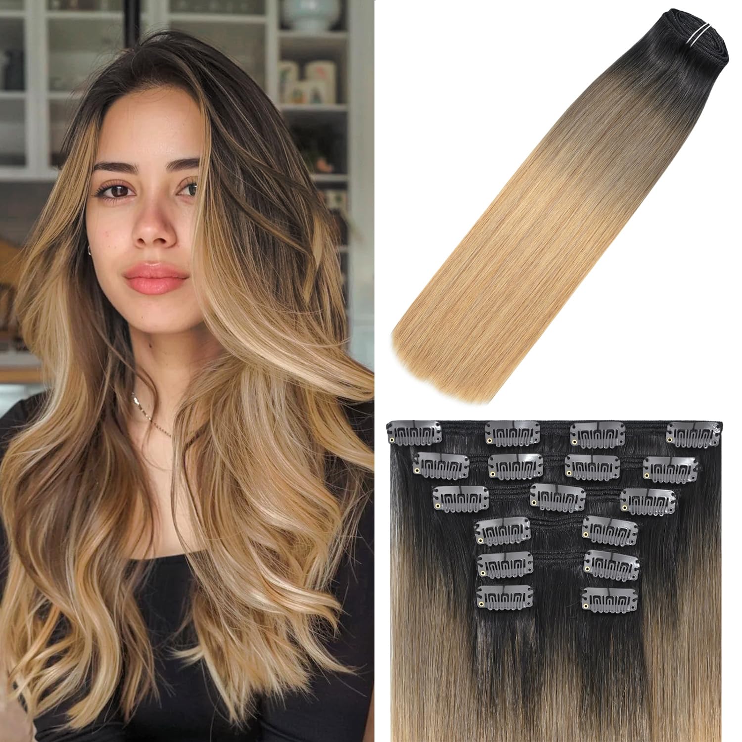 WindTouch Clip in Hair Extensions Human Hair Balayage Dark Brown Fading to Chestnut Brown and Blonde Highlighted Clips #2T6T27 120g 20Inch 7PCS