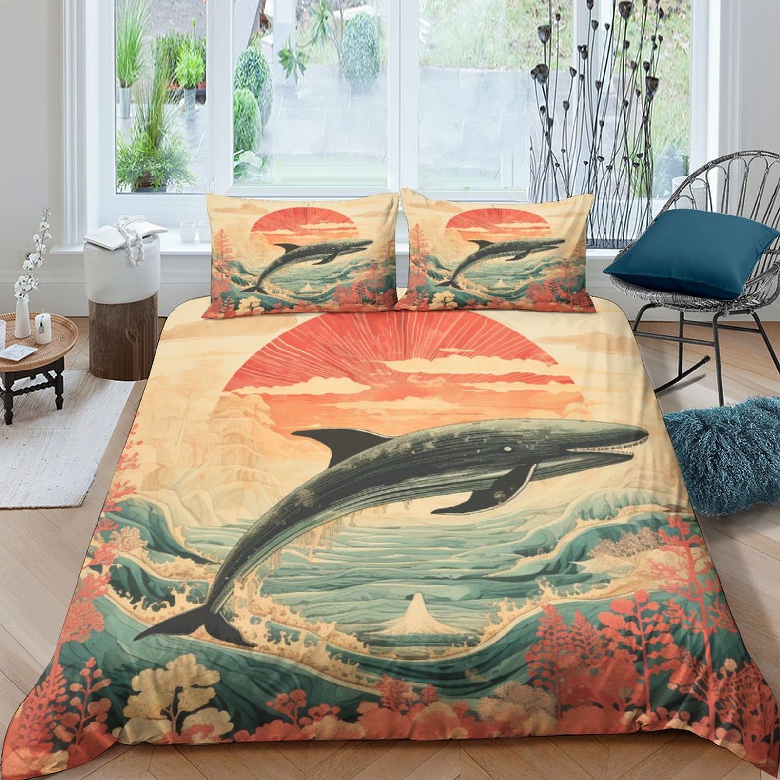 Parure de lit baleine 220x240cm style peinture chinoise pour chambre adulte et enfant