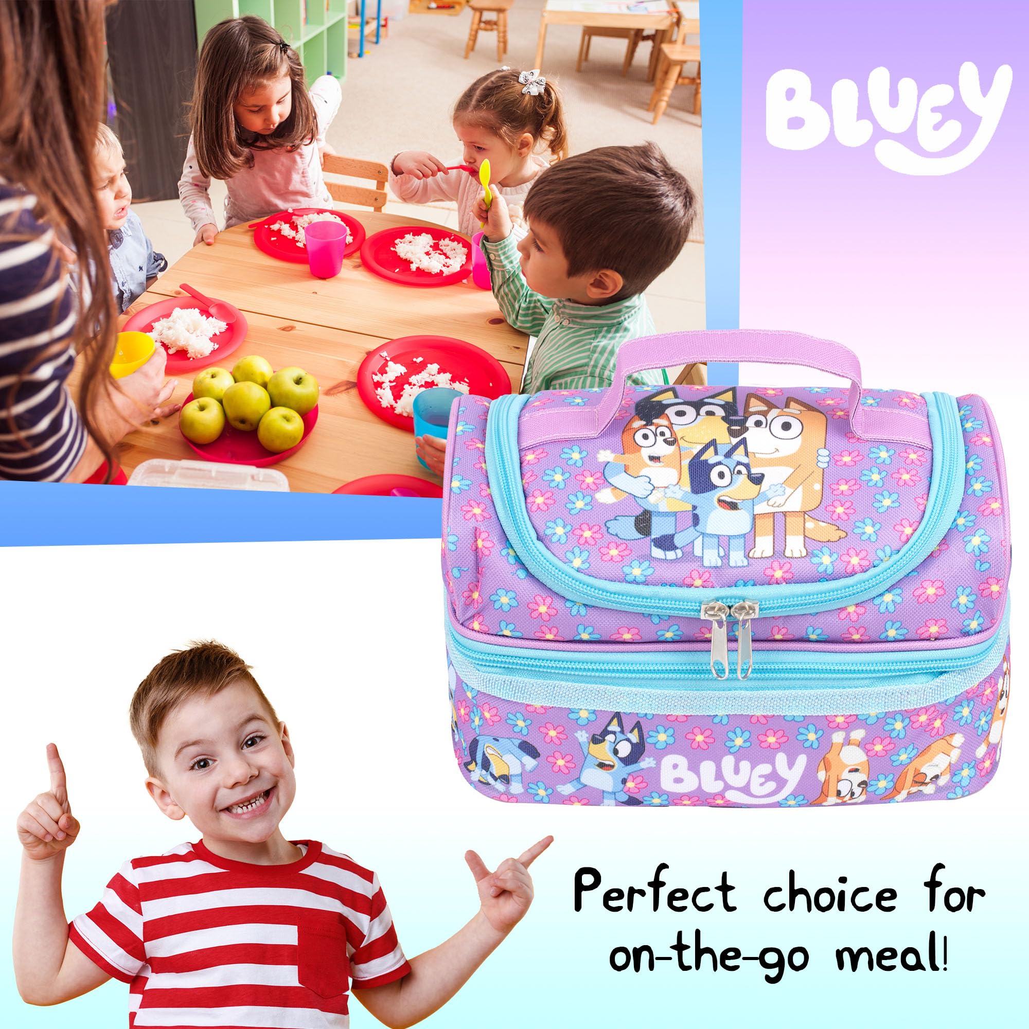 Bluey - Borsa per il pranzo per la scuola per bambini - Borsa per snack multi-scomparto per ragazze e ragazzi - Isolamento termico e grande capacità - Viola