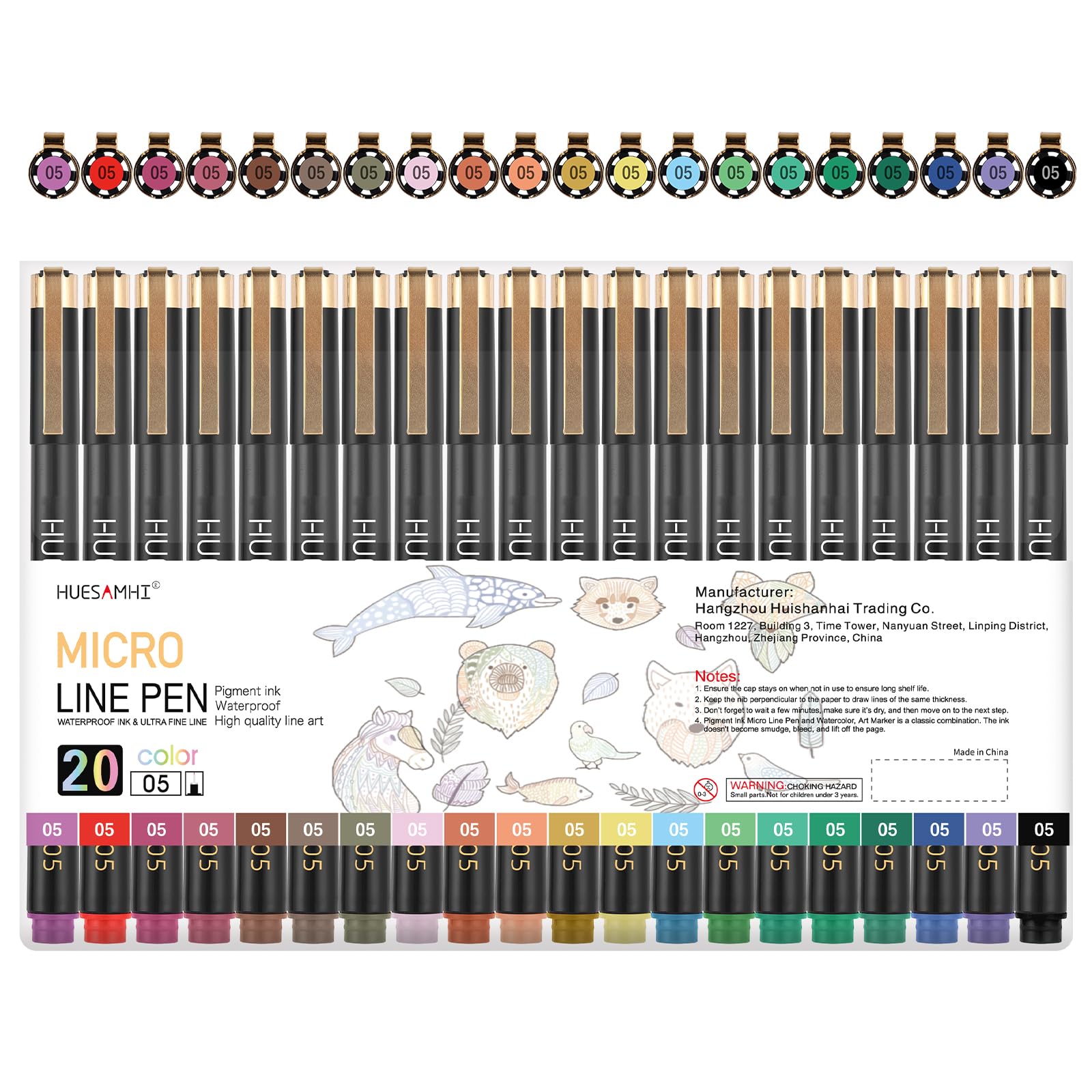 huesamhi 20 Colors Waterproof Ink 0.48mm Fine Tip Pens