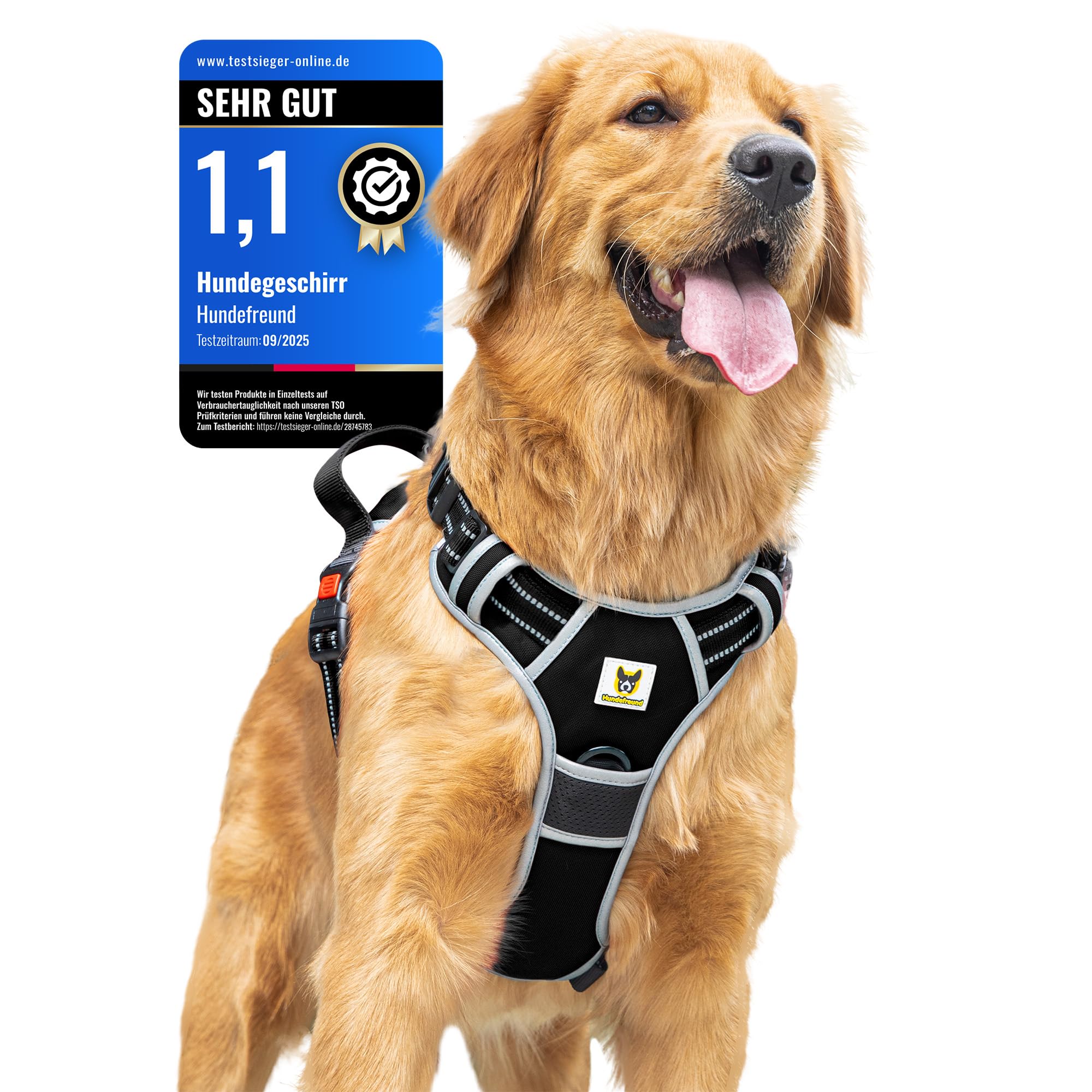 Hundefreund Hundegeschirr für Große Hunde – Reflektierend, Gepolstert & Verstellbar – Anti-Zug Geschirr mit Griff & 3 Sicherheitsverschlüssen – Sicher Gassi Gehen & Autofahren - (XL, Schwarz)