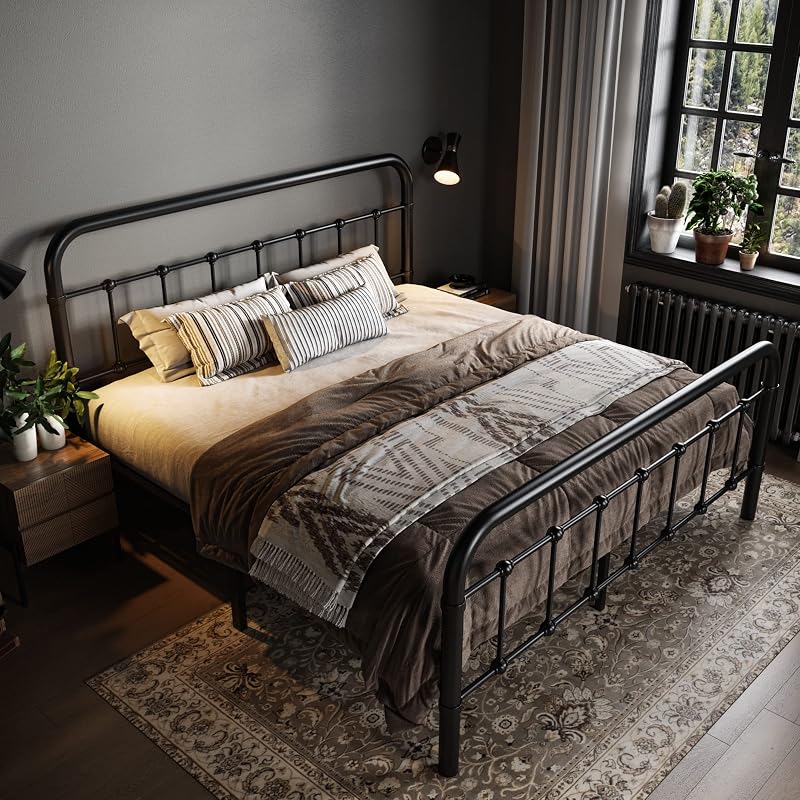 Allewie Queen Metal Bed Frame with Victorian Iron-Art Headboard, Black image 3