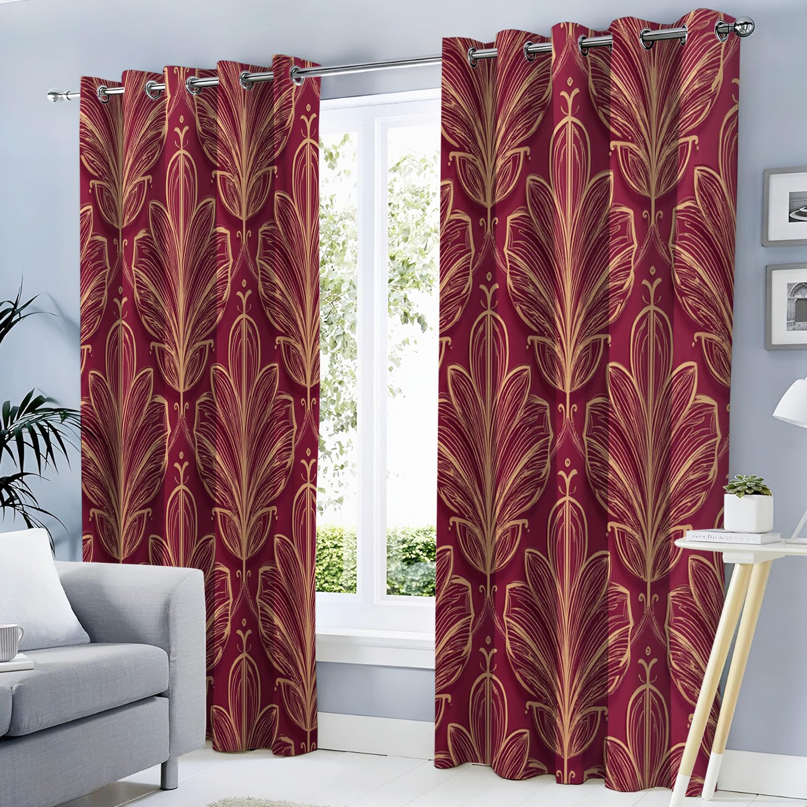 Rideau Occultant Thermique Anti Froid Luxe Rayures Feuilles, 110Lx215H Cm Lot De 2 À Oeillets, Tenture Opaque Art Botanique Decoration pour Chambre Salon Intérieurs, Rouge Bordeaux
