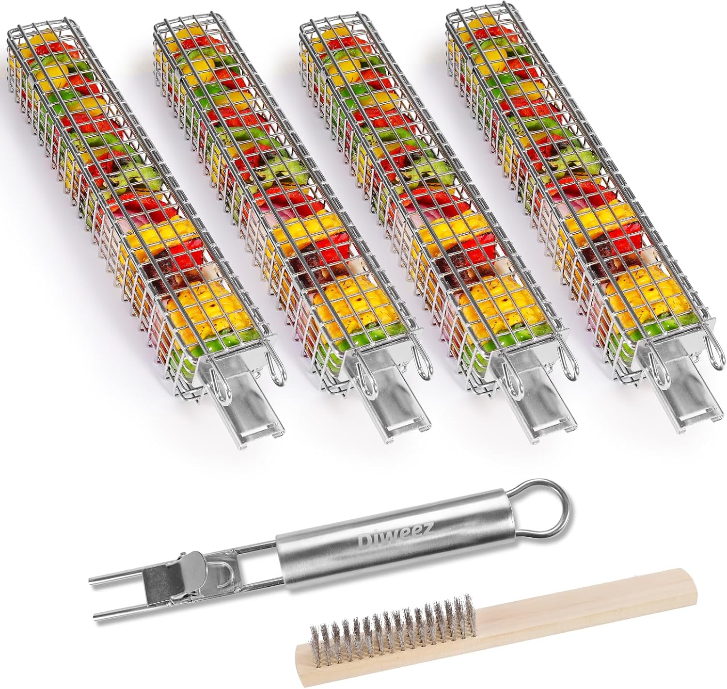 Amazon.com: DIWEEZ Kabob Grilling Basket Set with Removable Handle. Stainless Steel Grill Basket ...