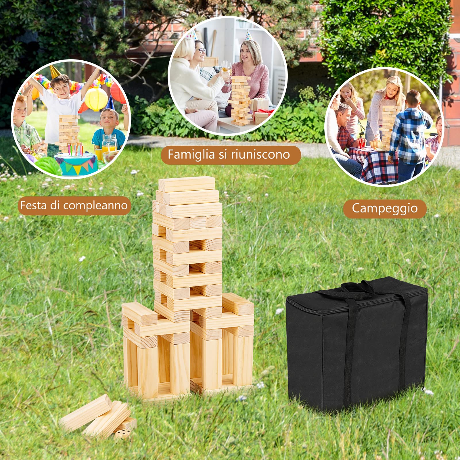 COSTWAY 54 Blocchi di Legno di Pino con Angoli Curvi, Mattoncini Giocattoli, Torre di Legno Gigante con Borsa di Trasporto, Ideale per Feste e Party