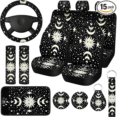 15 Pcs Moon Star Sun Full Car Seat Covers Set Car Accessories Seat Covers Steering Wheel Cover Belt Pads Armrest Pad Cup Holders Keychain for Most Truck SUV