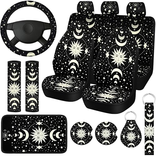 15 Pcs Moon Star Sun Full Car Seat Covers Set Car Accessories Seat Covers Steering Wheel Cover Belt Pads Armrest Pad Cup Holders Keychain for Most Truck SUV