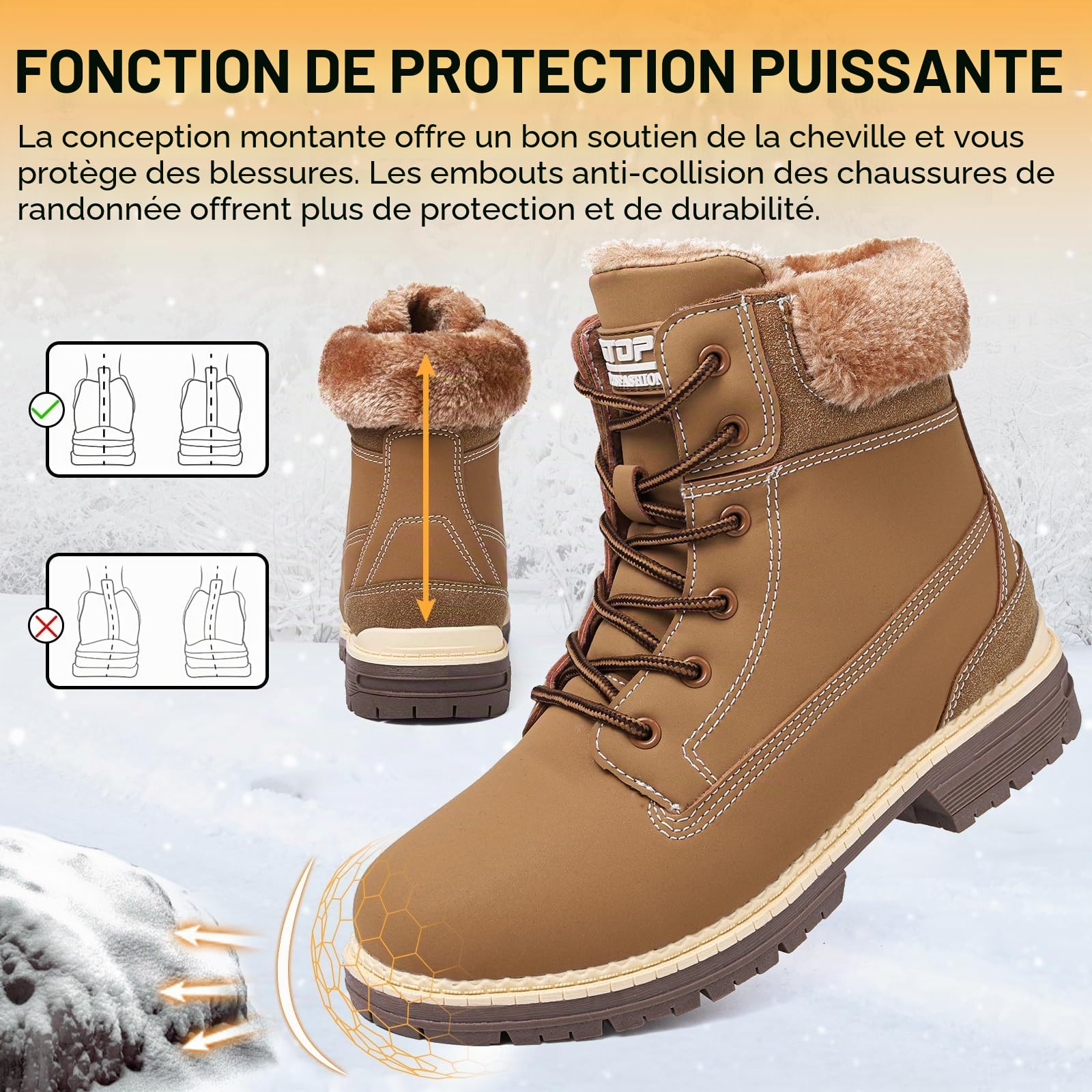 ziitop Bottes Hiver Femme Bottines Randonnée Bottes de Neige Imperméable Boots Courts Plates Lacets Chaud Fourrure Bottines Trekking Outdoor Boots