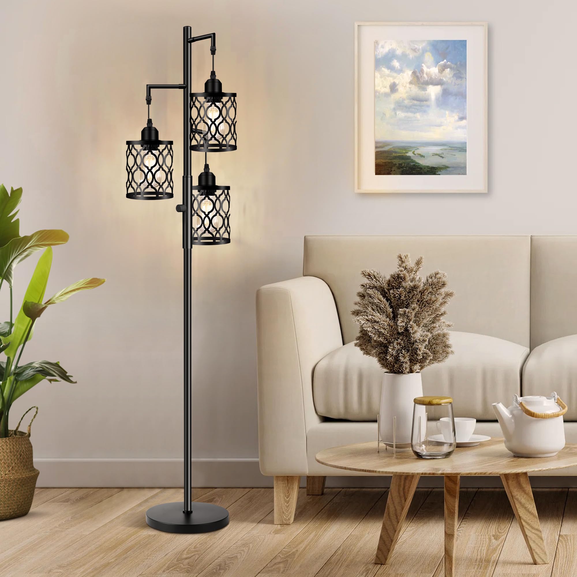 ROTTOGOON Dimmbare 3 flammige Landhaus Standleuchte 172cm Industrielle Stehlampe mit 3x6W LED für Wohnzimmer Schlafzimmer Büro Rustikale Stehleuchte Schwarz