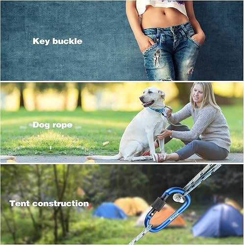 Vista 28 de Clips de mosquetón con puerta de tornillo, paquete de 10 mosquetones de aluminio de 3 pulgadas en forma de D, clip para llavero, hebilla de gancho