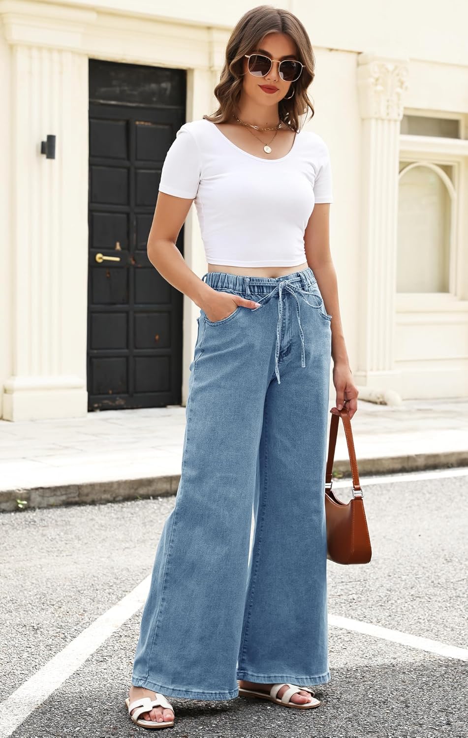 Women's Wide Leg Jeans Trendy High Waisted Stretchy Jeans with Drawstring Elastic Waist Denim Pants - Image 4