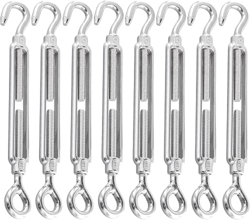 KEILEOHO Lot de 8 tendeurs M8 en acier inoxydable - 185 mm - Crochets et œillets réglables - Tendeur de câble en acier inoxydable pour fixation de voile, corde à linge - 1