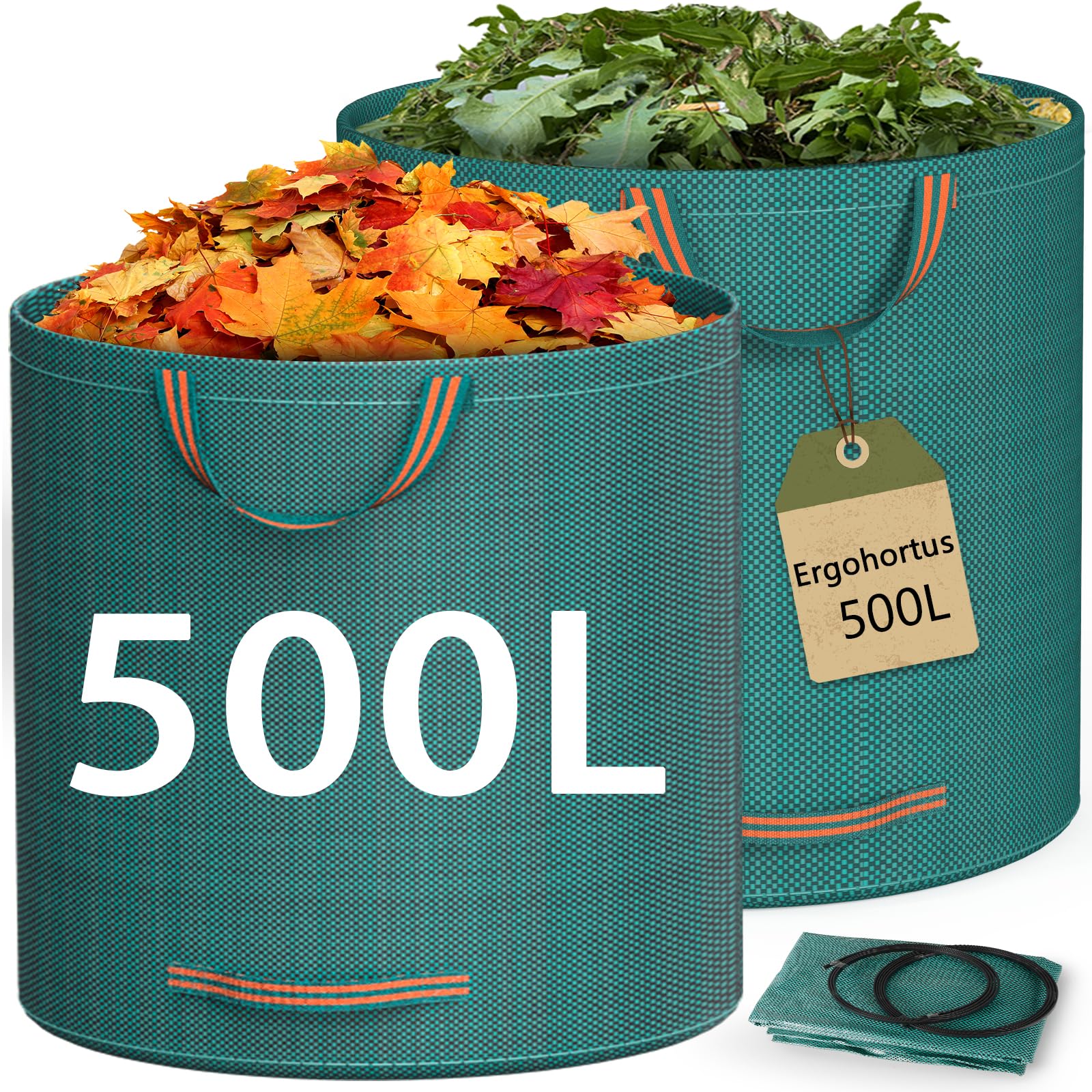 Ergohortus Gartenabfallsäcke Heavy Duty, 500 L x 2 Wiederverwendbare Gartensäcke mit Griffen, Gartenabfallsäcke aus Industrietauglichem Stoff für Laub, Müll, Abfälle, Gartenabfälle, Wasserdicht
