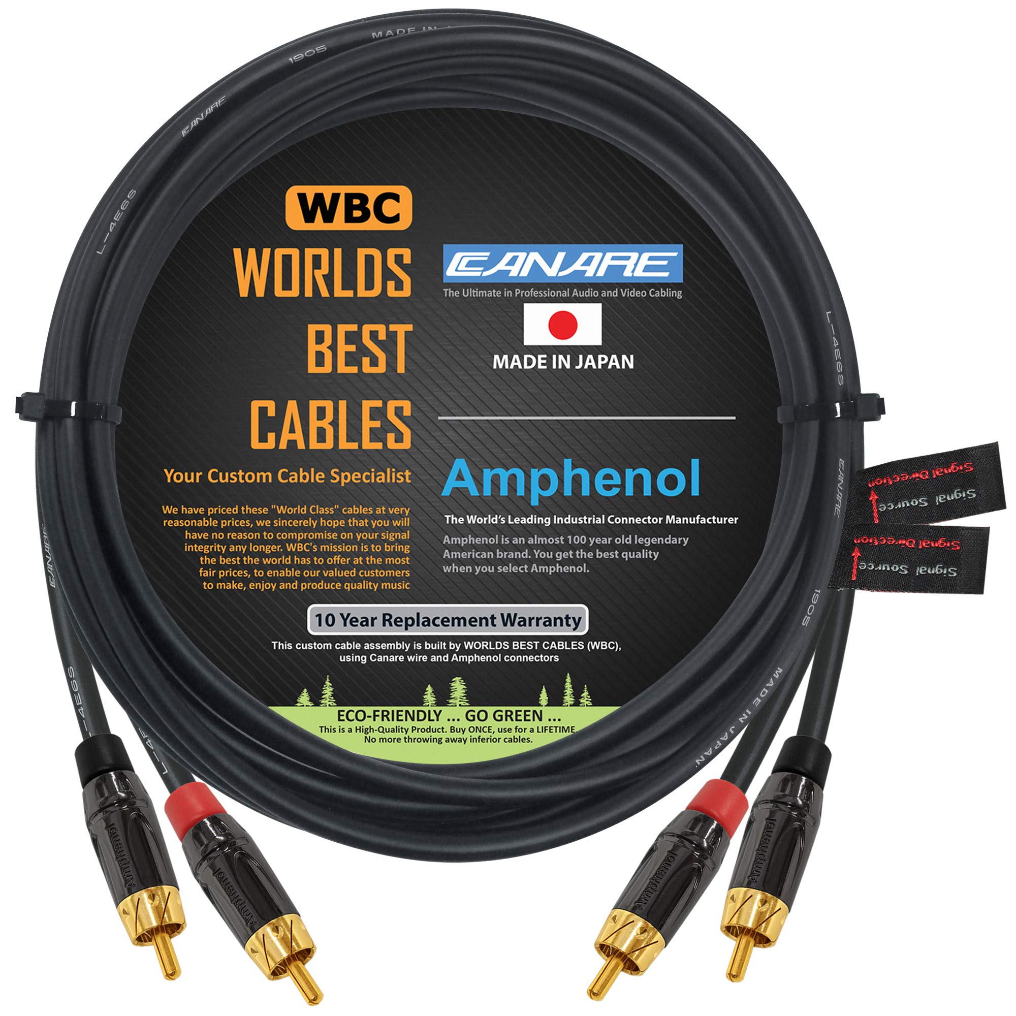 5 Meter RCA Pair - Canare L-4E6S Star-Quad Balanced Audio Interconnect with Amphenol ACPL Black Chrome Body, Gold Plated RCA Connectors - Directional