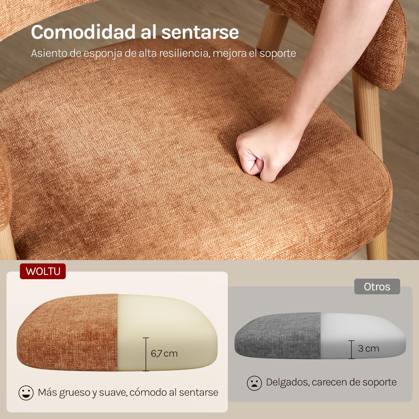 WOLTU Juego de 2 Sillas de Comedor Ergonómicas, Marrón Caramelo | Respaldo Ahuecado, Patas Ajustables, Asiento de Tejido de Chenilla, Patas Metálicas, para Comedor, Cocina, Salón y Dormitorio