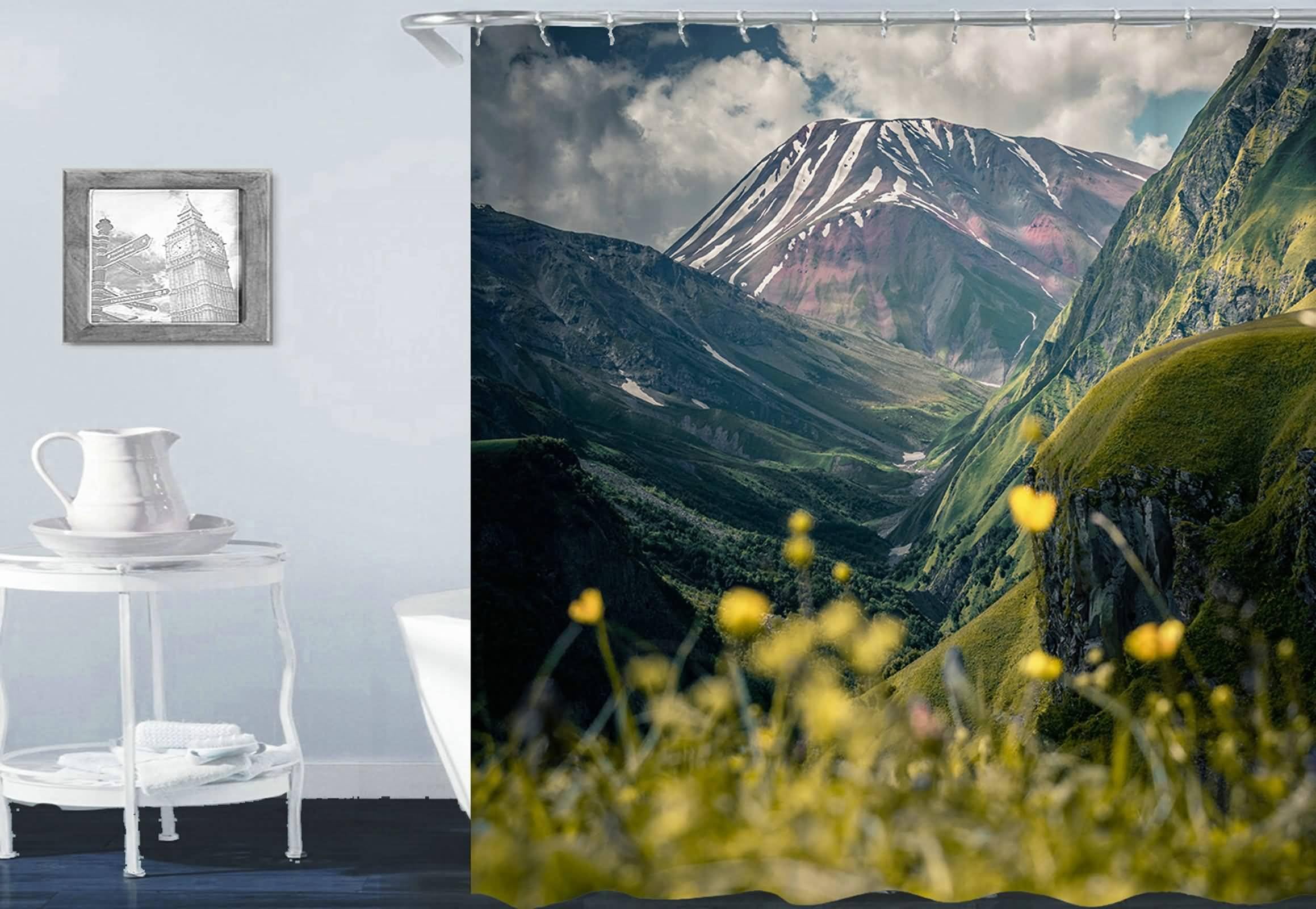 Tenda Doccia Tessuto, Poliestere Verde Montagna e fiori Tenda vasca da bagno, lavabile, asciugatrice rapida, 165x200cm