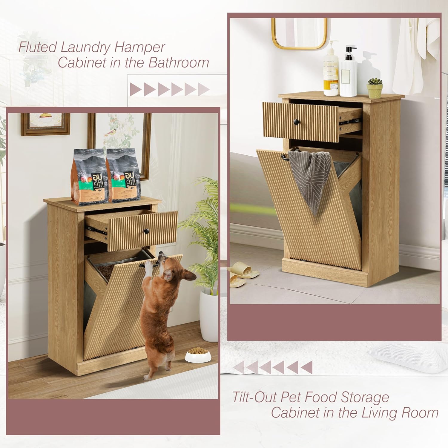 Modern Tilt Out Laundry Hamper Cabinet, Fluted Hidden Garbage Cabinet with Laundry Storage Basket, Wooden Trash Can Cabinets with Drawer (Natural Oak, 13"D x 21"W x 36"H (Single))